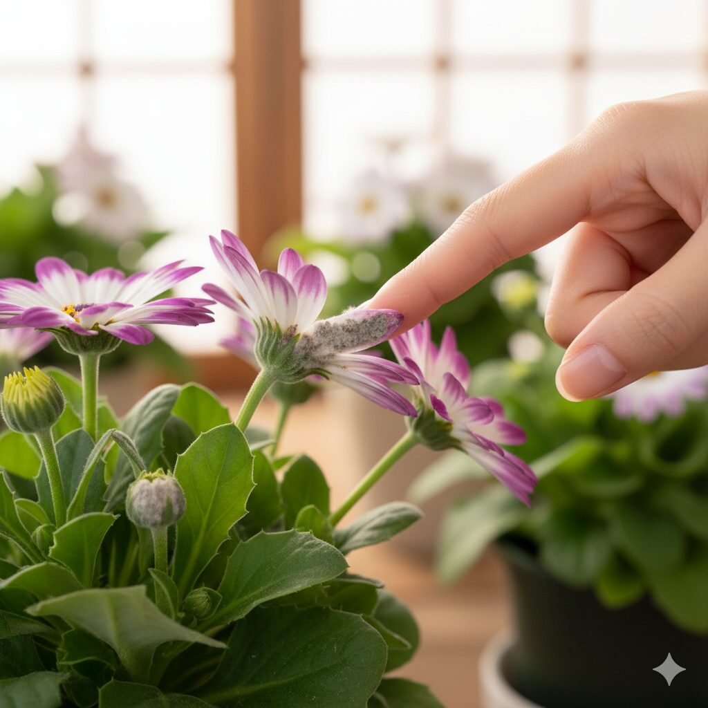 サイネリアがかかりやすい、葉や花に灰色のカビが発生した「灰色かび病」の症状