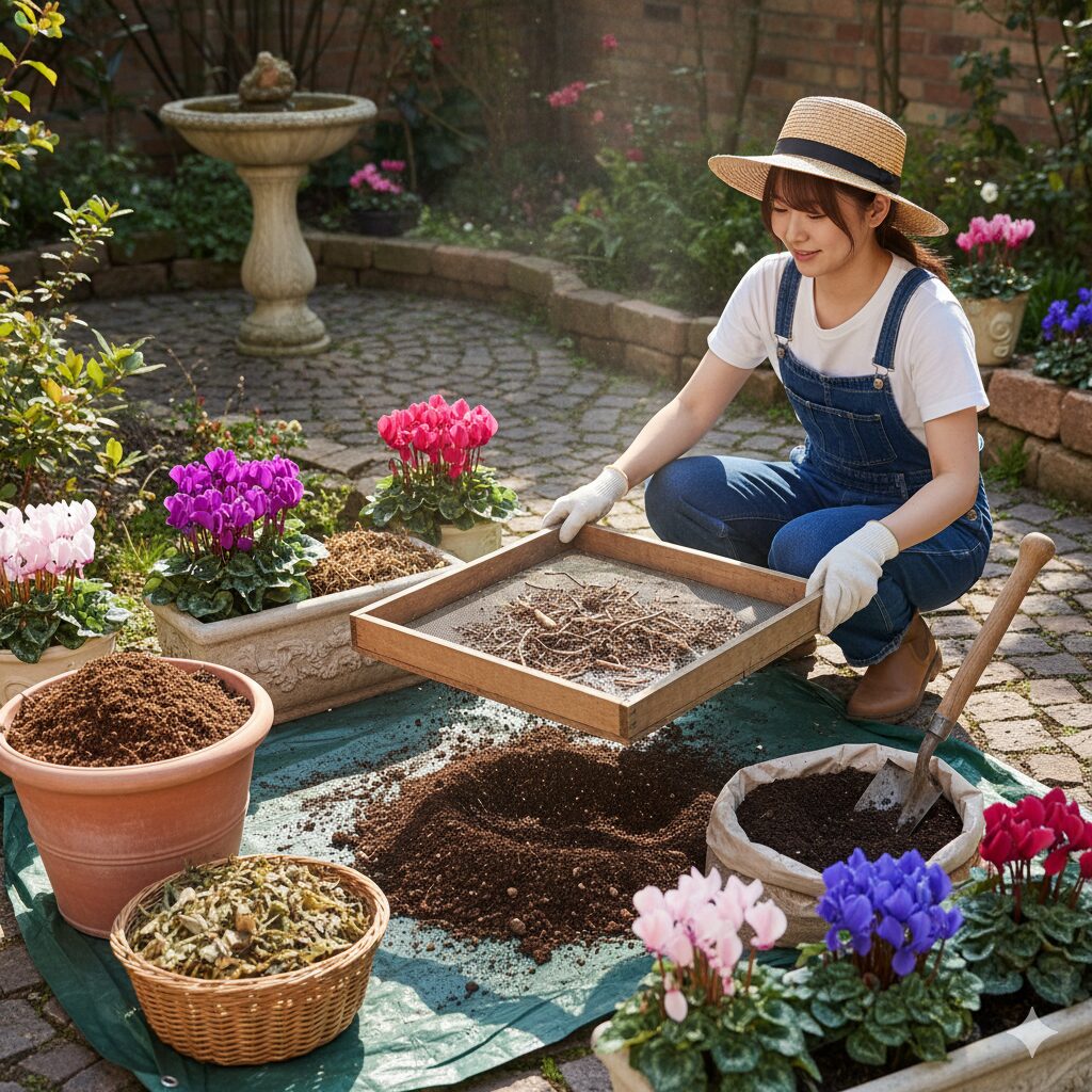 使用済み園芸土をふるいにかけ天日干しして再生処理する様子