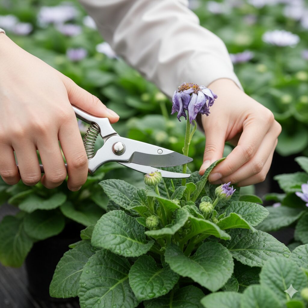 サイネリアの花がらを花茎ごとハサミで切り取る手元の様子