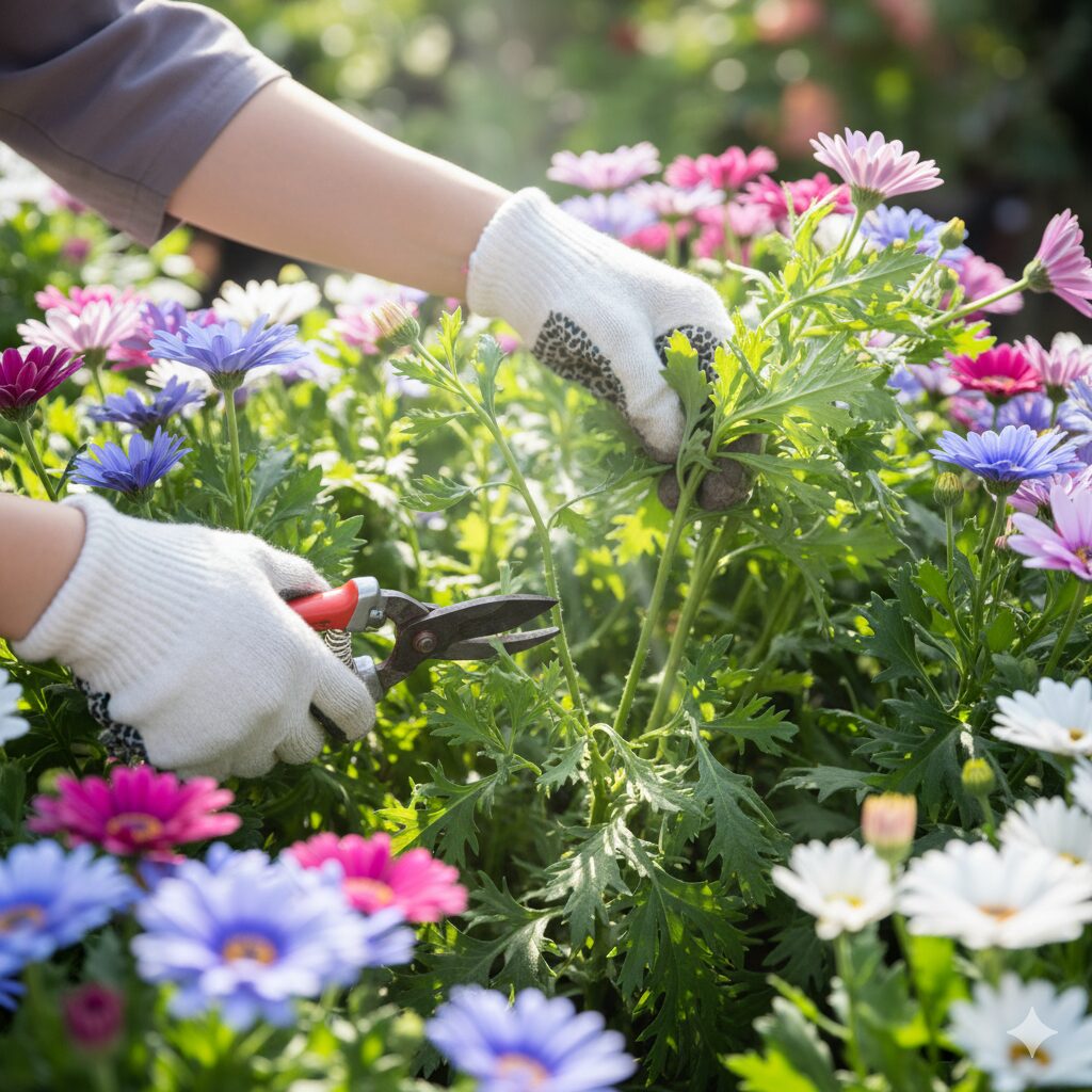 密集したサイネリアの株を剪定バサミで間引き風通しを良くする様子