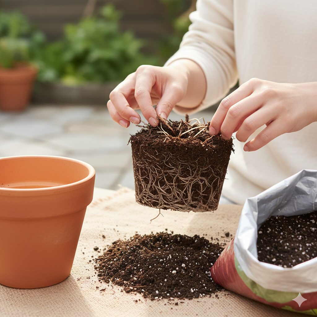 根詰まりを起こしたサイネリアの根鉢を崩し、植え替え準備をする様子