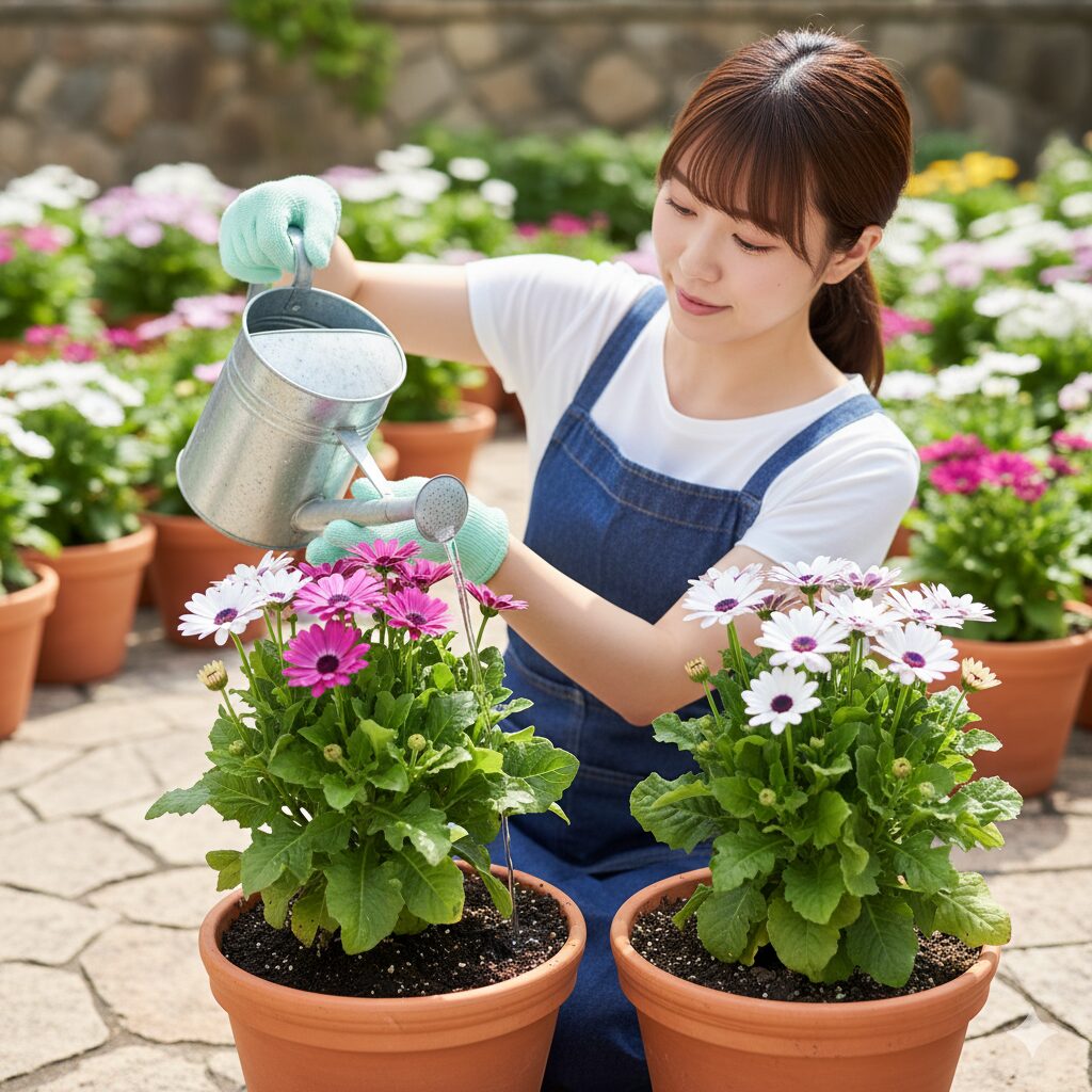 サイネリアの株元に水を優しく与え、適切な水やりを行う様子