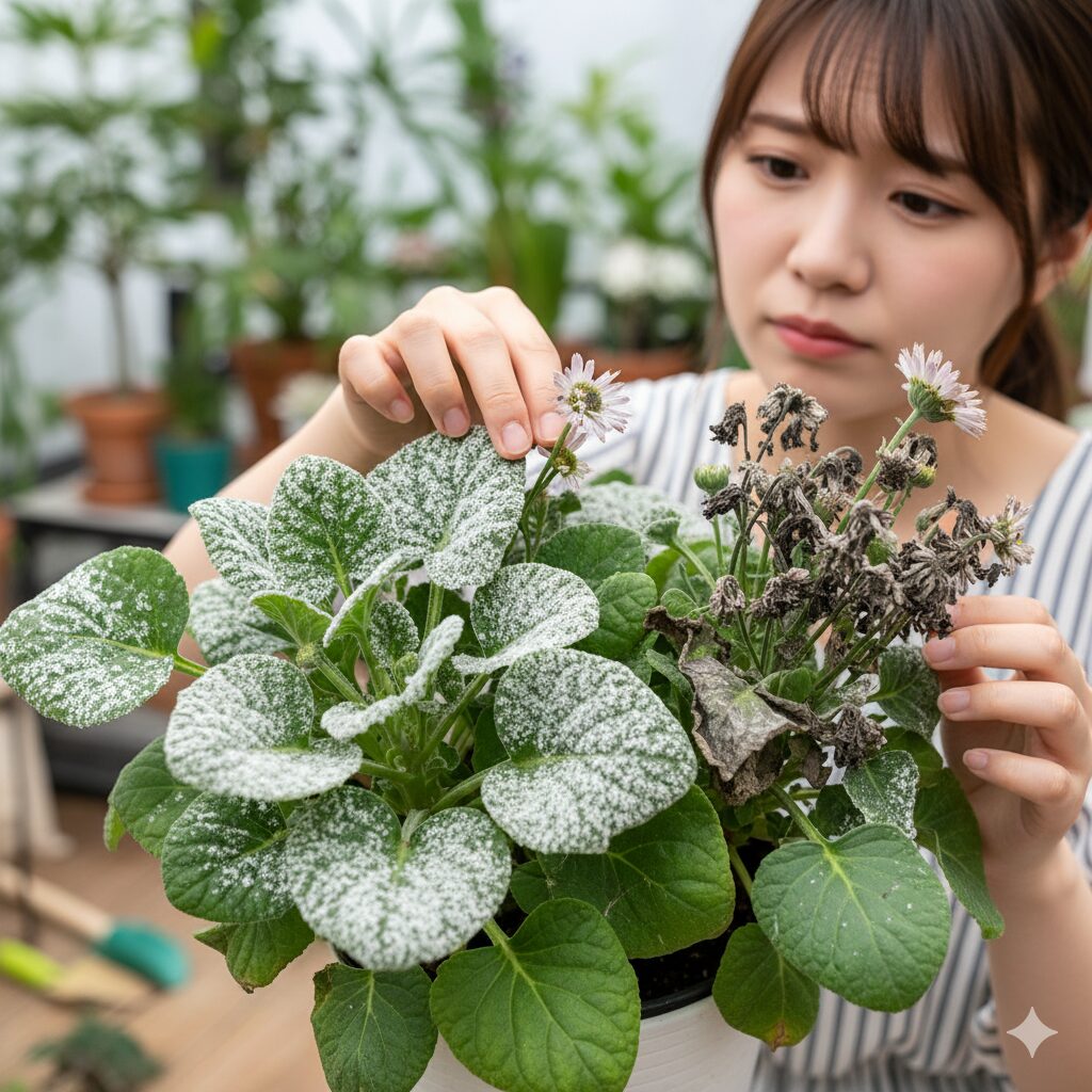 サイネリアの葉に発生したうどんこ病の白いカビのクローズアップ