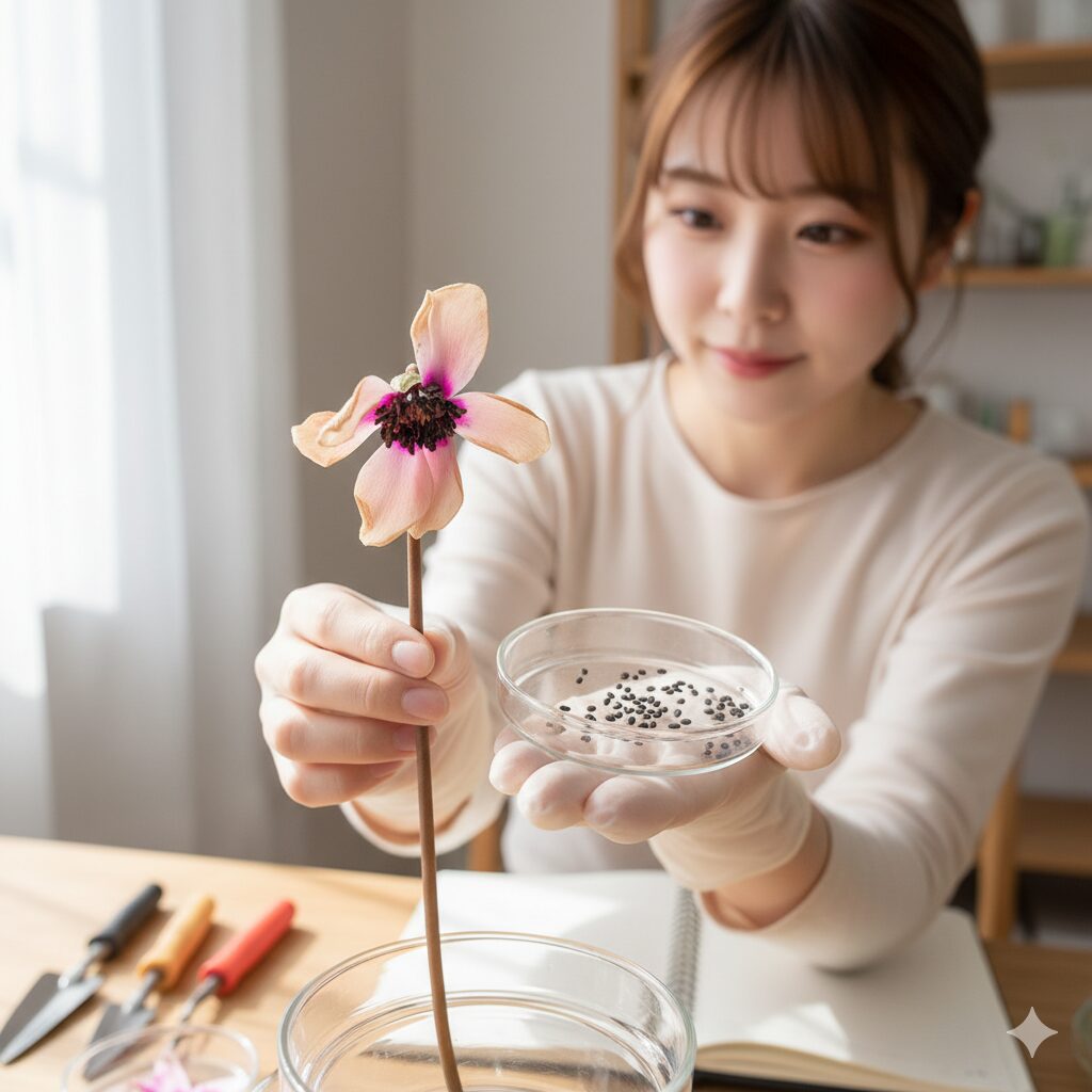 サイネリアの枯れた花から顔を出す小さな種子のクローズアップ