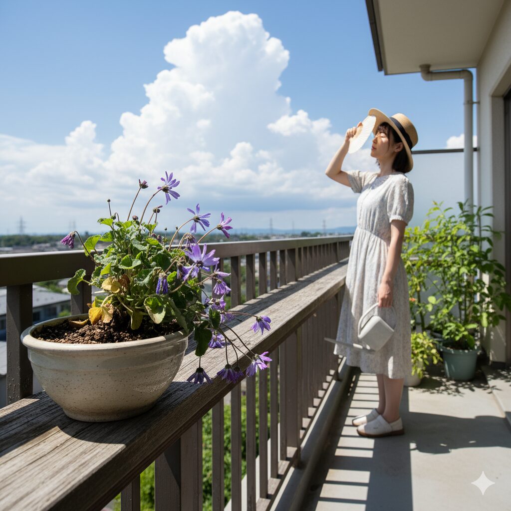 日本の夏の強い日差しにぐったりとしたサイネリアの鉢植え