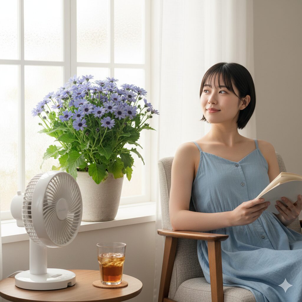 エアコンの効いた涼しい室内で元気に育つサイネリアの鉢植え