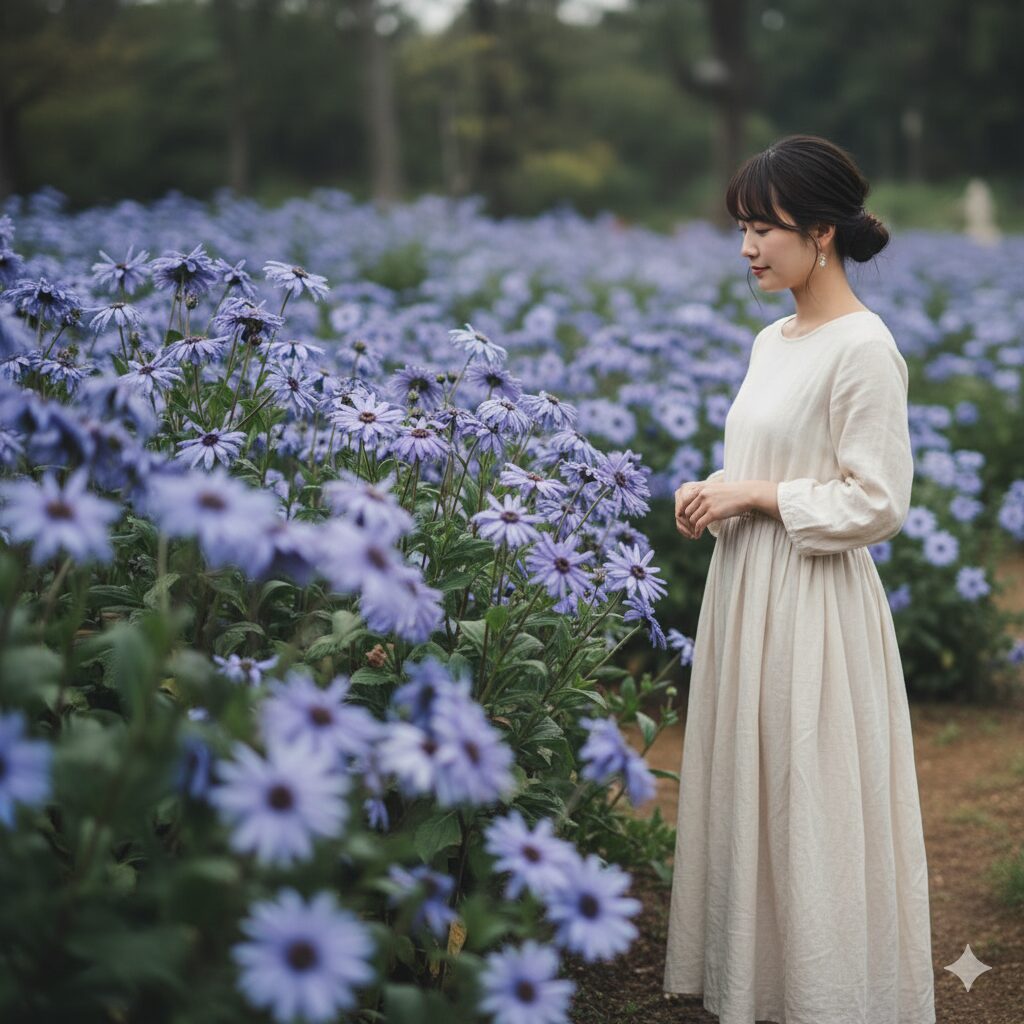 落ち着いた色合いの青色のサイネリアが静かに咲いている様子。少ししっとりとした雰囲気で、繊細さを感じさせる。