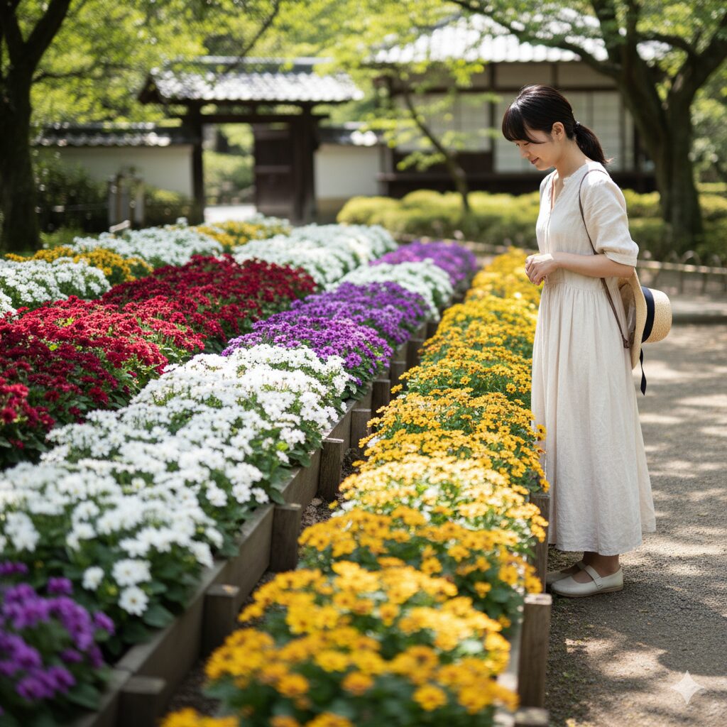 赤、白、紫、黄色の多様なサイネリアの花が並ぶ様子