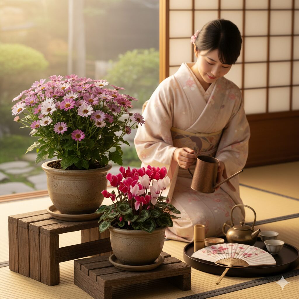 「シネラリア」と「サイネリア」のラベルが並ぶ鉢植え