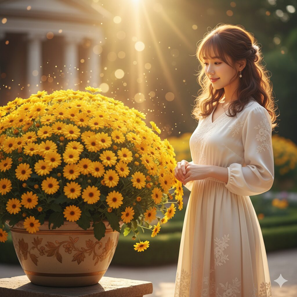 豪華に咲き誇る黄色のサイネリアと金色の光