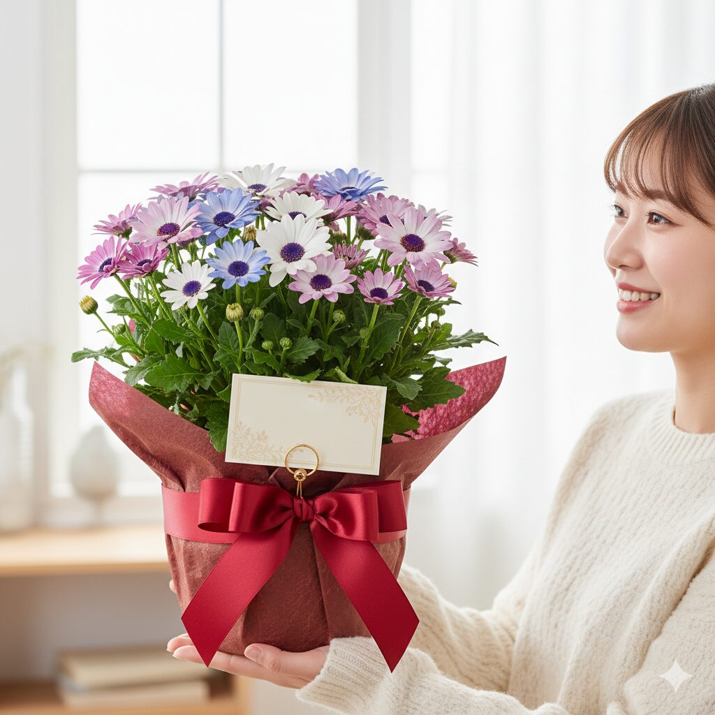 リボンで飾られたサイネリアの鉢植えが贈られるギフトシーン