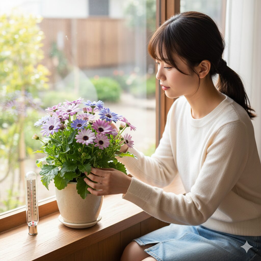 日当たりの良い窓辺に置かれ温度管理されているサイネリアの鉢植え