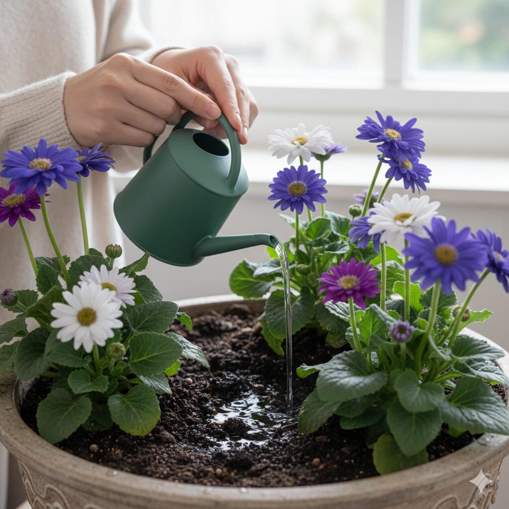 サイネリアの鉢の根元に優しく水やりをする様子