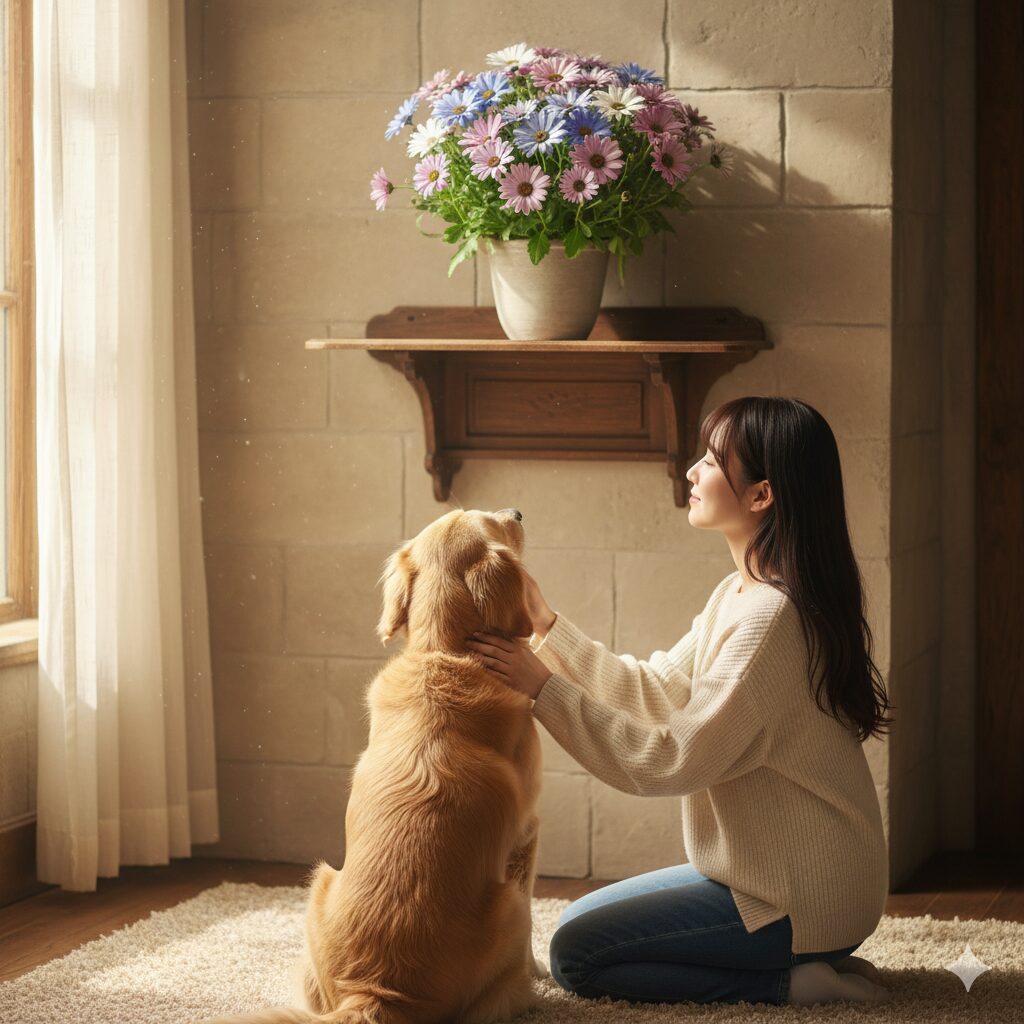 犬の届かない高い場所に安全に配置されたサイネリア。ペットの安全対策。