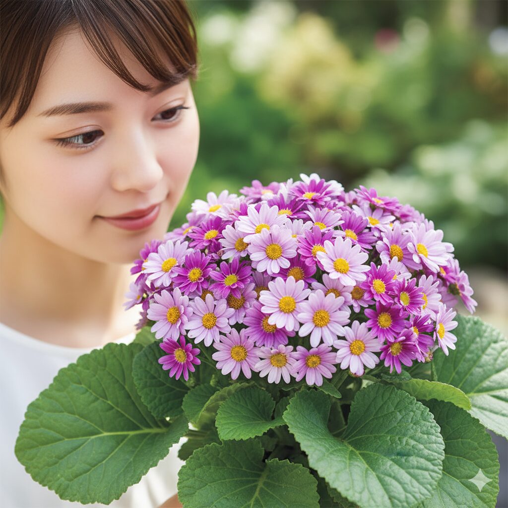 サイネリアの葉と花のクローズアップ。キク科らしい形状と、豊富な花付きが確認できる。