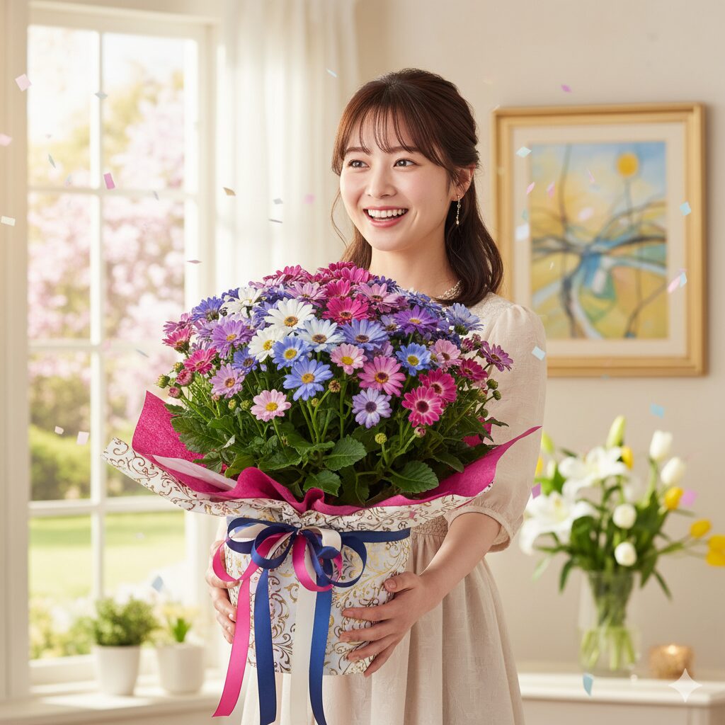 「喜び」の花言葉を持つサイネリアの鉢花を、ギフトとして贈答する様子。