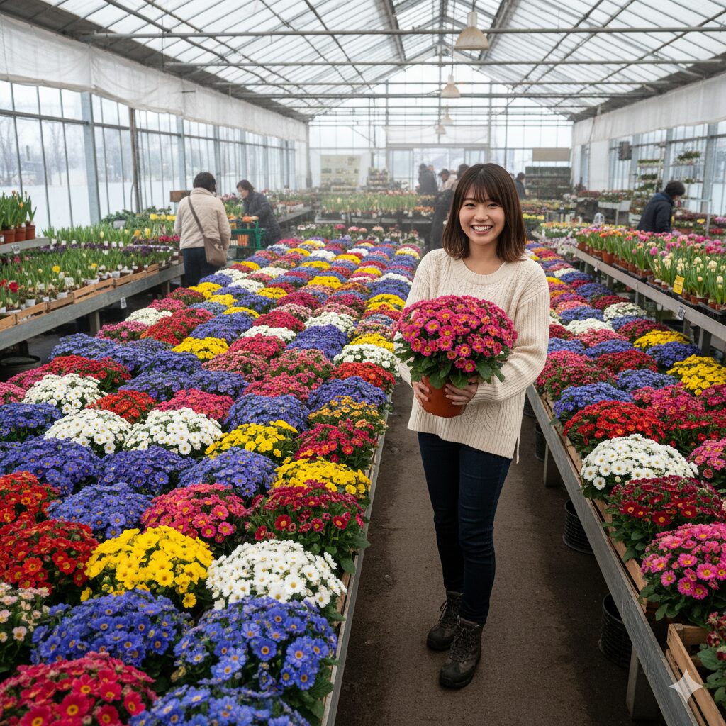 鉢花市場に並ぶサイネリア。流通ピークである12月から3月の販売風景。