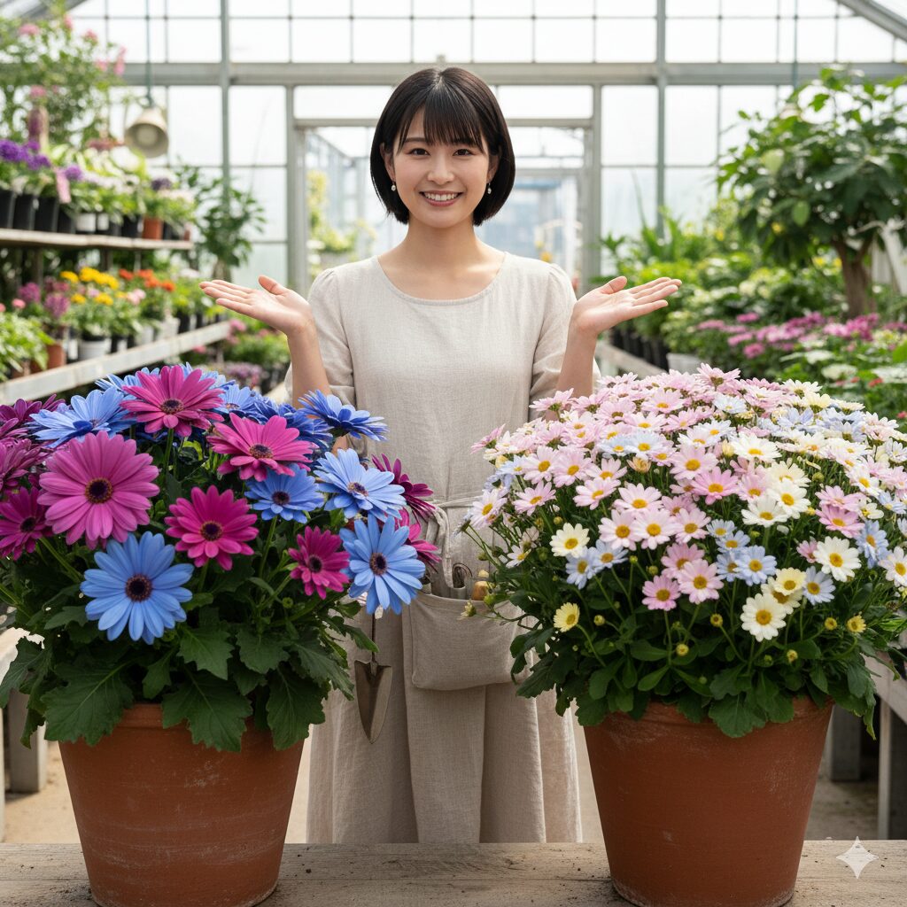 大輪のグランディフロラ系と多花性のムルティフロラ系のサイネリアの品種比較。