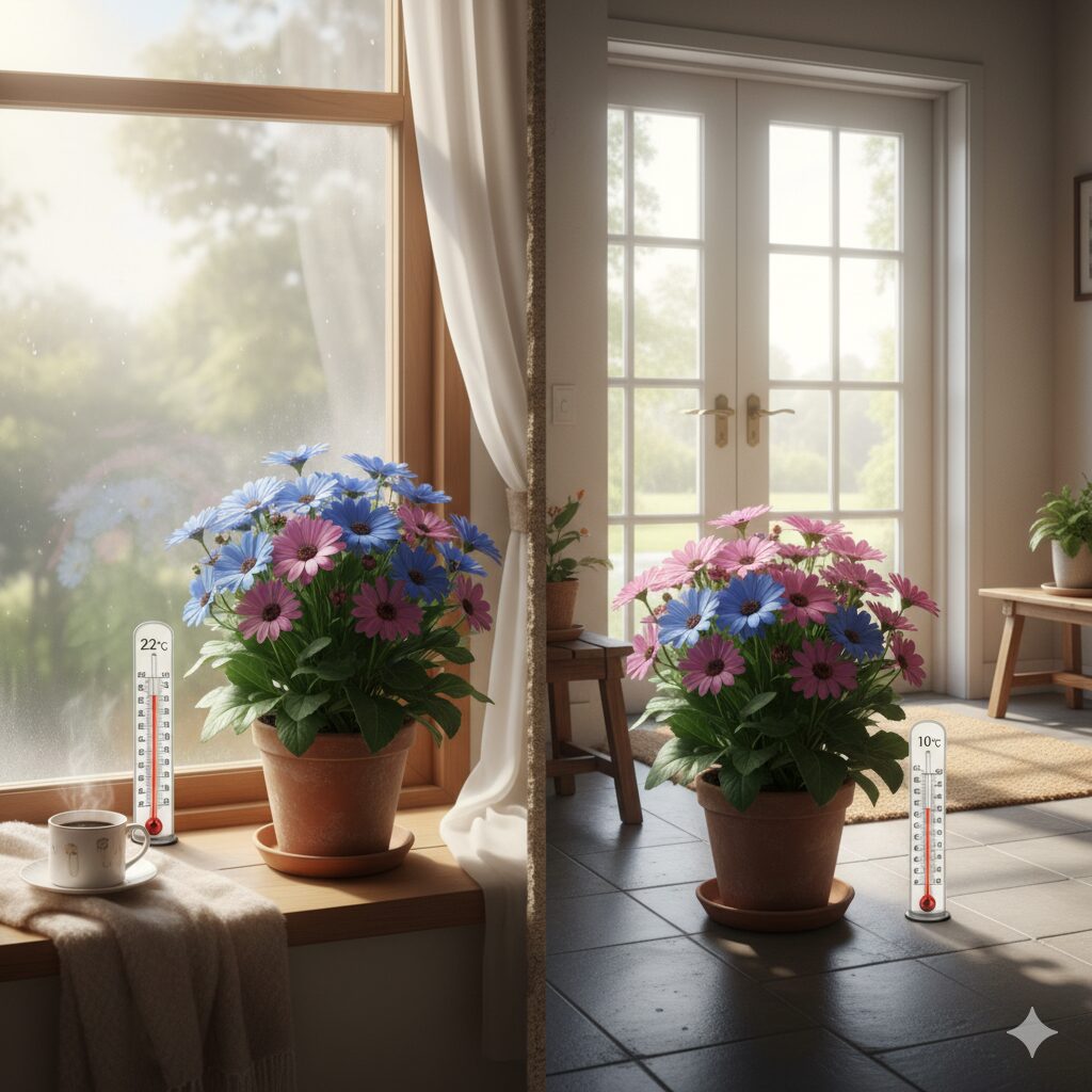 サイネリアの配置場所比較。高温のリビングと適温の玄関先の対比。