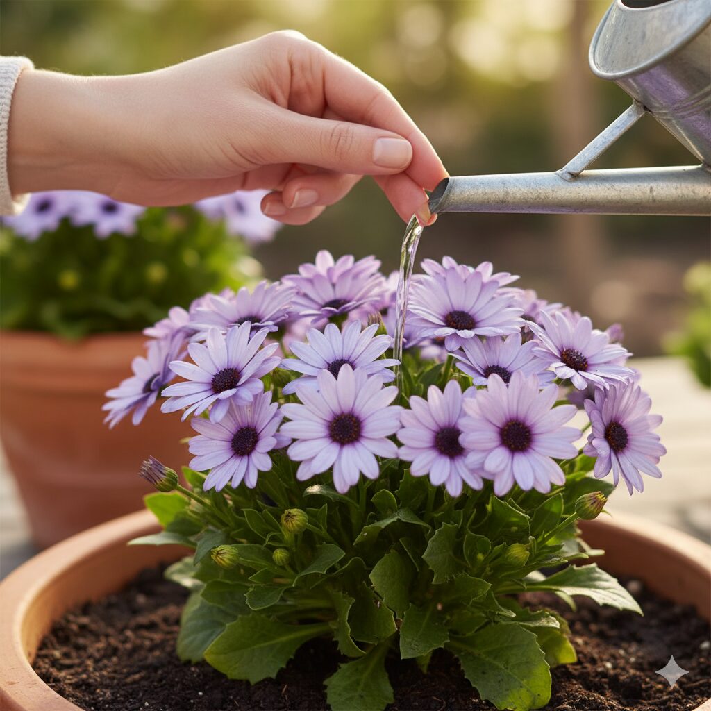 サイネリアの正しい水やり方法。花や葉を避けて株元に給水する様子。