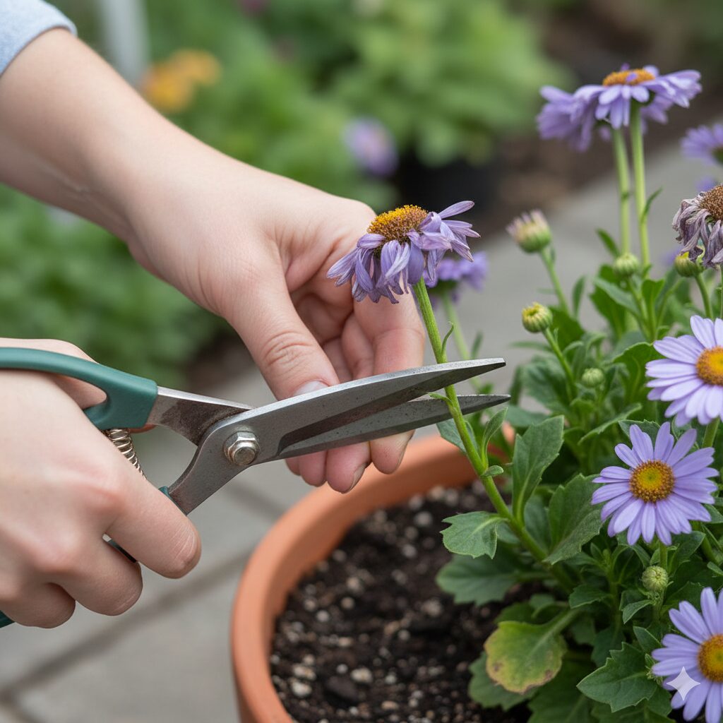 サイネリアの花がら摘み。結実を防ぐため花茎ごとカットしている様子。