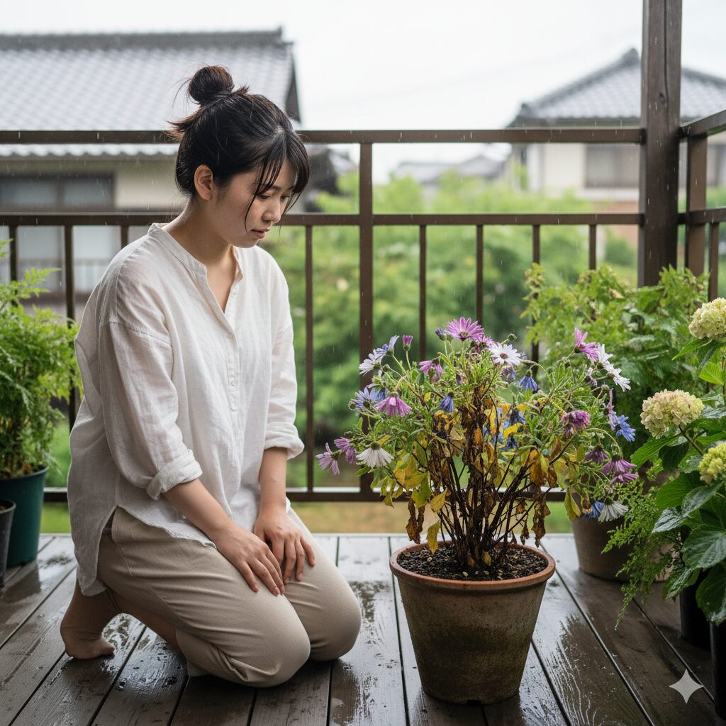 日本の高温多湿な環境で夏越しに失敗し、弱っているサイネリアの株。