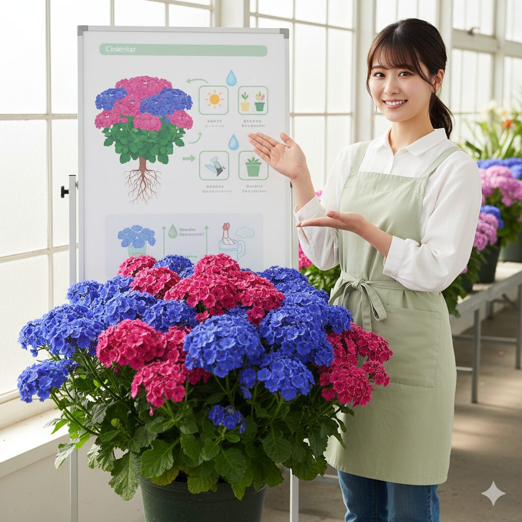 健康的なサイネリアの鉢植え。濃い青とピンクの花が咲き乱れる状態。初心者向け栽培の基本と開花の重要性を視覚化。