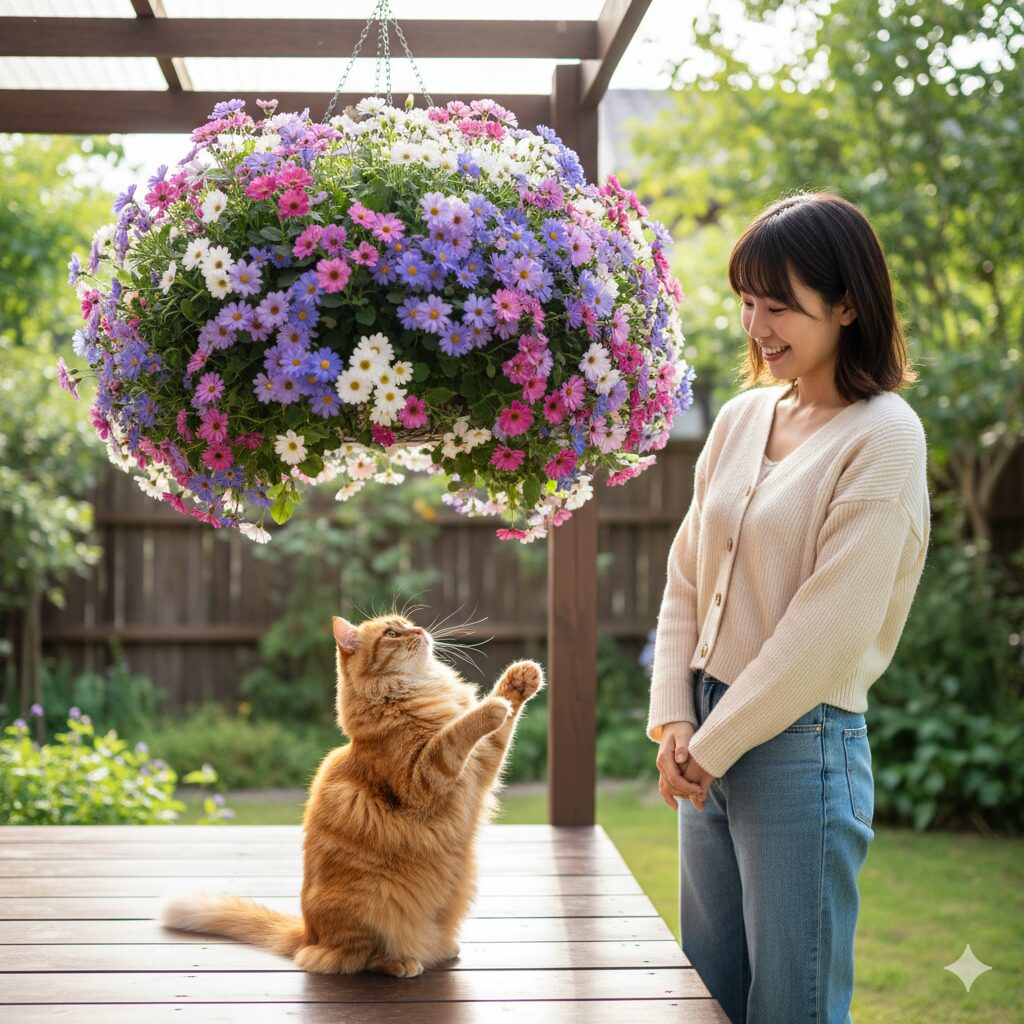 ペットの誤食を防ぐため、サイネリアをハンギングバスケットで吊るして物理的に隔離する様子。