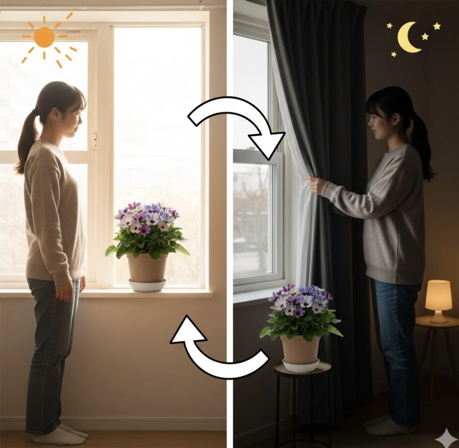 冬のサイネリアの置き場所を示す図解。日中は南窓辺、夜間は部屋中央へ移動させる「動的管理」の重要性。