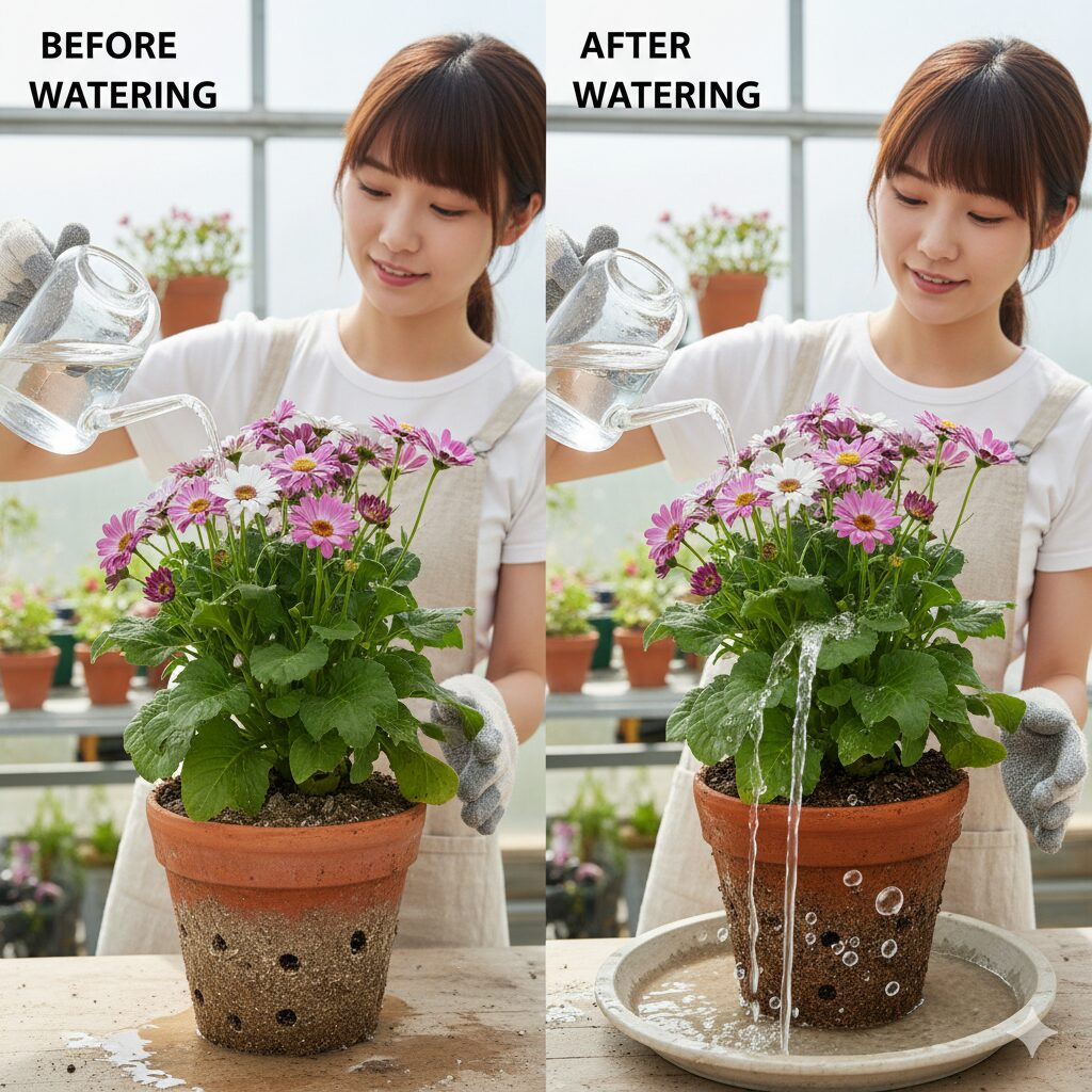 サイネリアの正しい水やり方法。土が乾いたのを確認後、鉢底から溢れ出るまでたっぷりと水を与える様子。