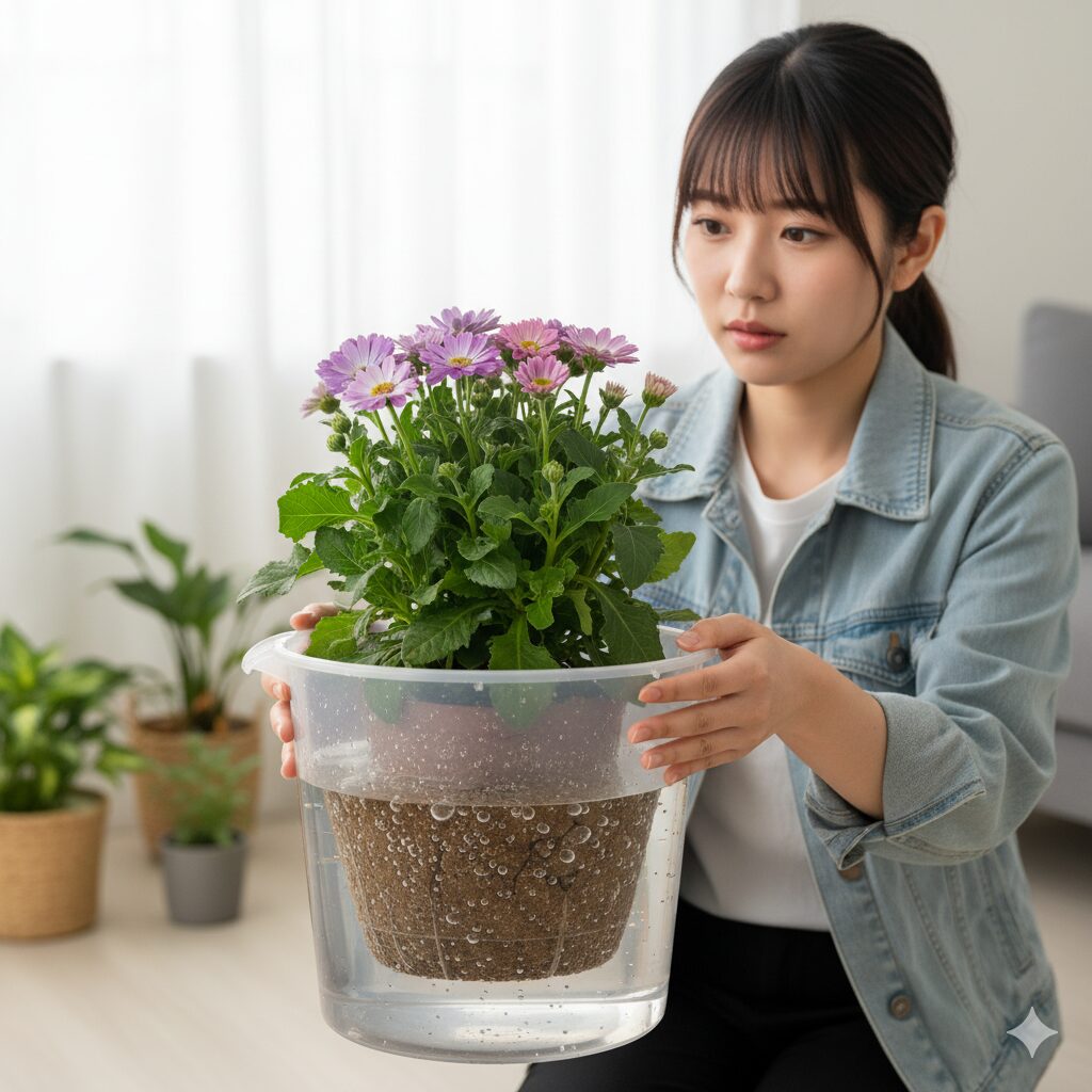 水切れでしおれたサイネリアを回復させる緊急時の「腰水」テクニック。鉢ごとバケツに浸して水を吸わせる。