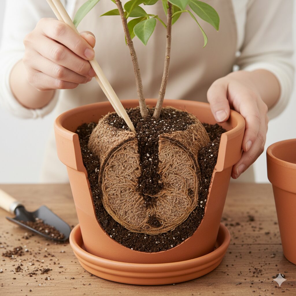 サイネリア植え替え時の「チャネリング現象」を防ぐ図解。割り箸で土を突き込み、根鉢と新しい土を密着させる。