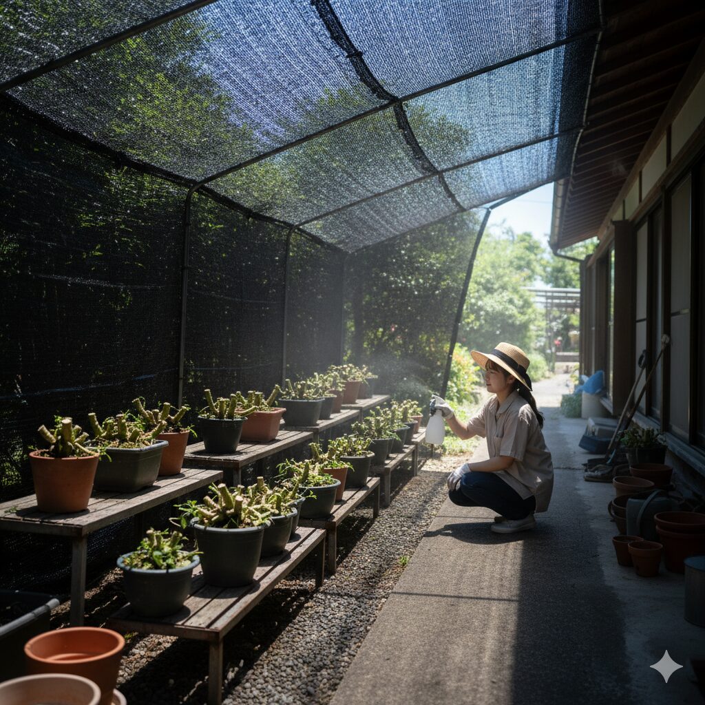 サイネリアの夏越し対策。切り戻し、遮光ネット、フラワースタンドで高温多湿から守る。