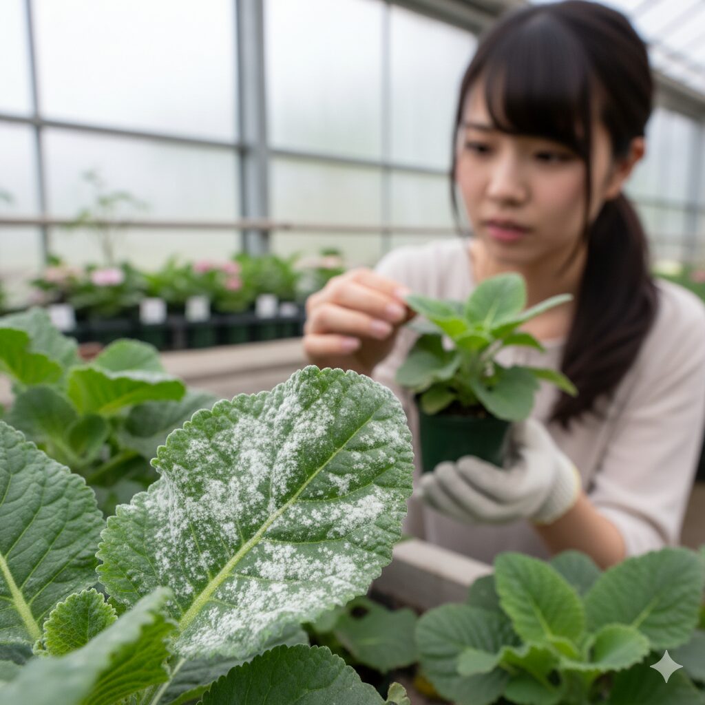 サイネリアの葉に発生した「うどんこ病」の症状。小麦粉のように白いカビが付着した状態。