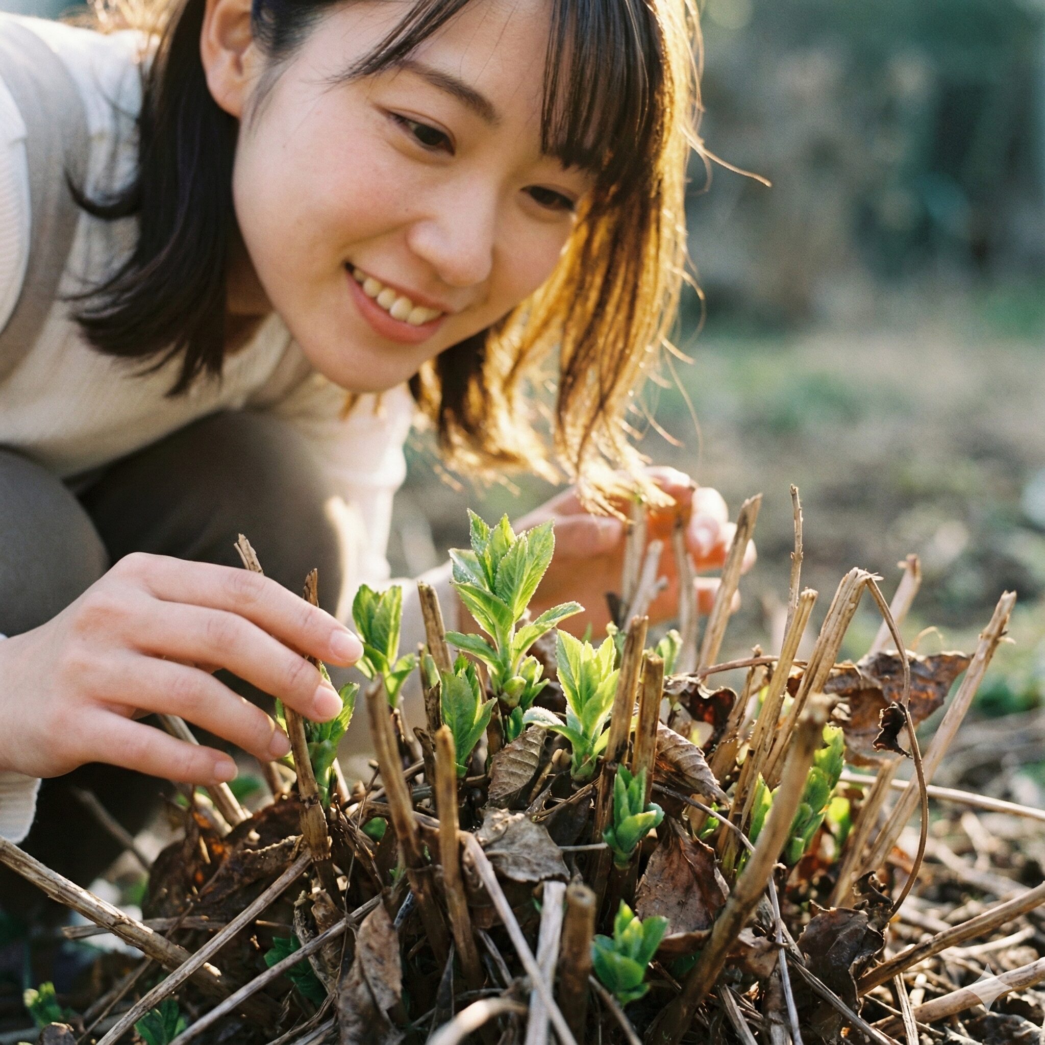 サルビア サリーファン 冬越し　春の柔らかい光の中で、茶色く枯れた古い茎の株元（地際）から、鮮やかな緑色の小さな新芽が力強く顔を出しているクローズアップ写真。生命力を感じさせる構図。