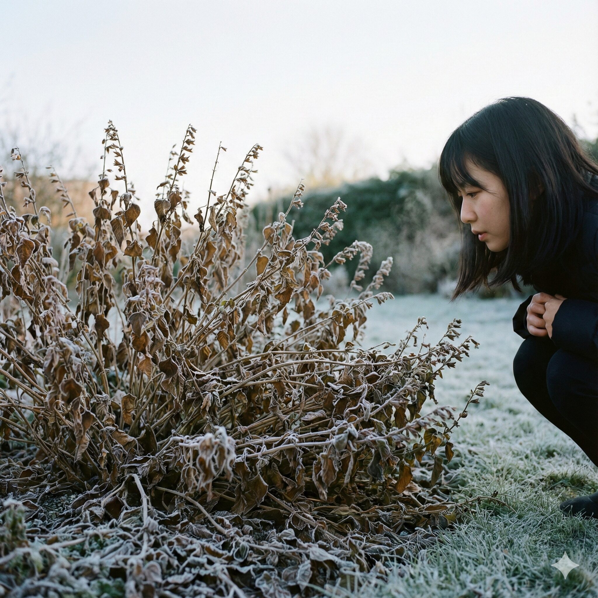 サルビア サリーファン 冬越し　防寒対策として地上部を切り戻さずに枯れた茎や葉を残して株元を保護している冬のサルビア・サリーファン