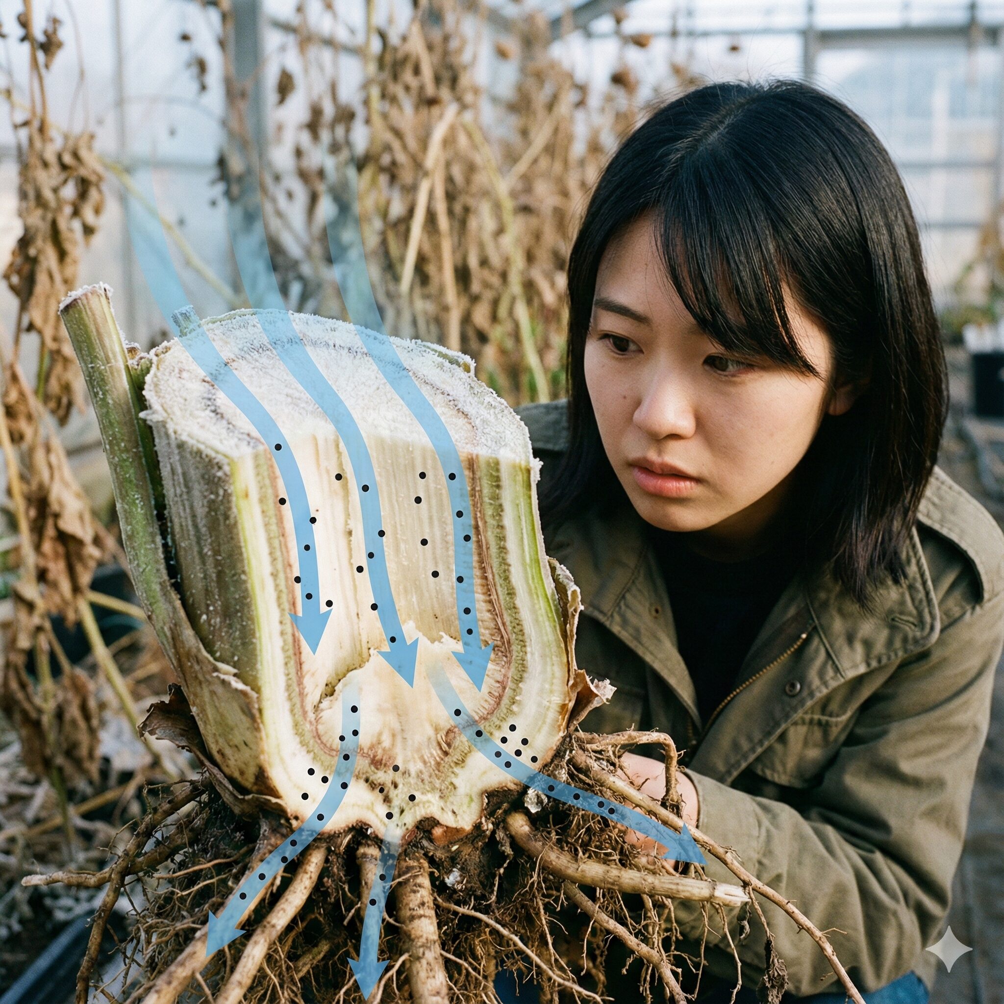 サルビア サリーファン 冬越し　冬前の剪定による茎の切り口から冷気が侵入し株元が凍結・腐敗するメカニズムの図解