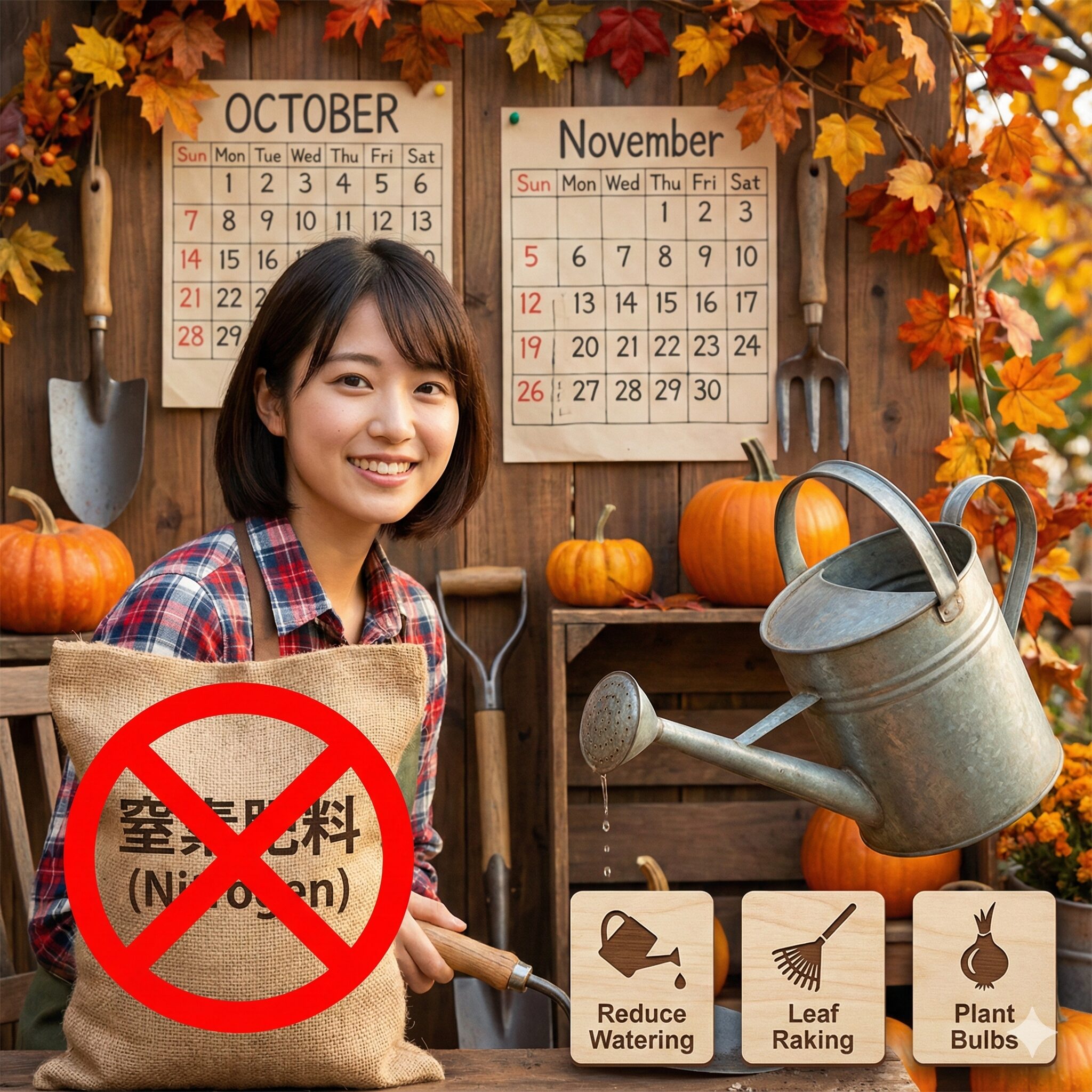 サルビア サリーファン 冬越し　サルビア・サリーファンの耐寒性を高めるために10月以降は窒素肥料を断ち水やりを控える秋の栽培管理イメージ