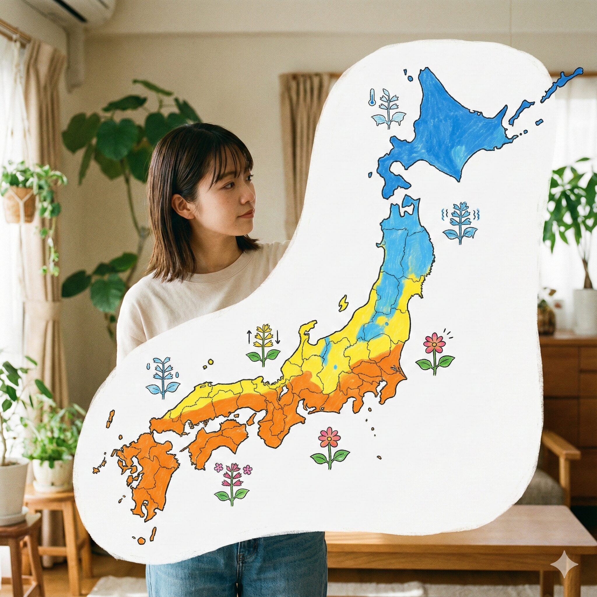 サルビア サリーファン 冬越し　日本国内の気候区分に基づいたサルビア・サリーファンの屋外越冬可能エリアと難易度を示した地図