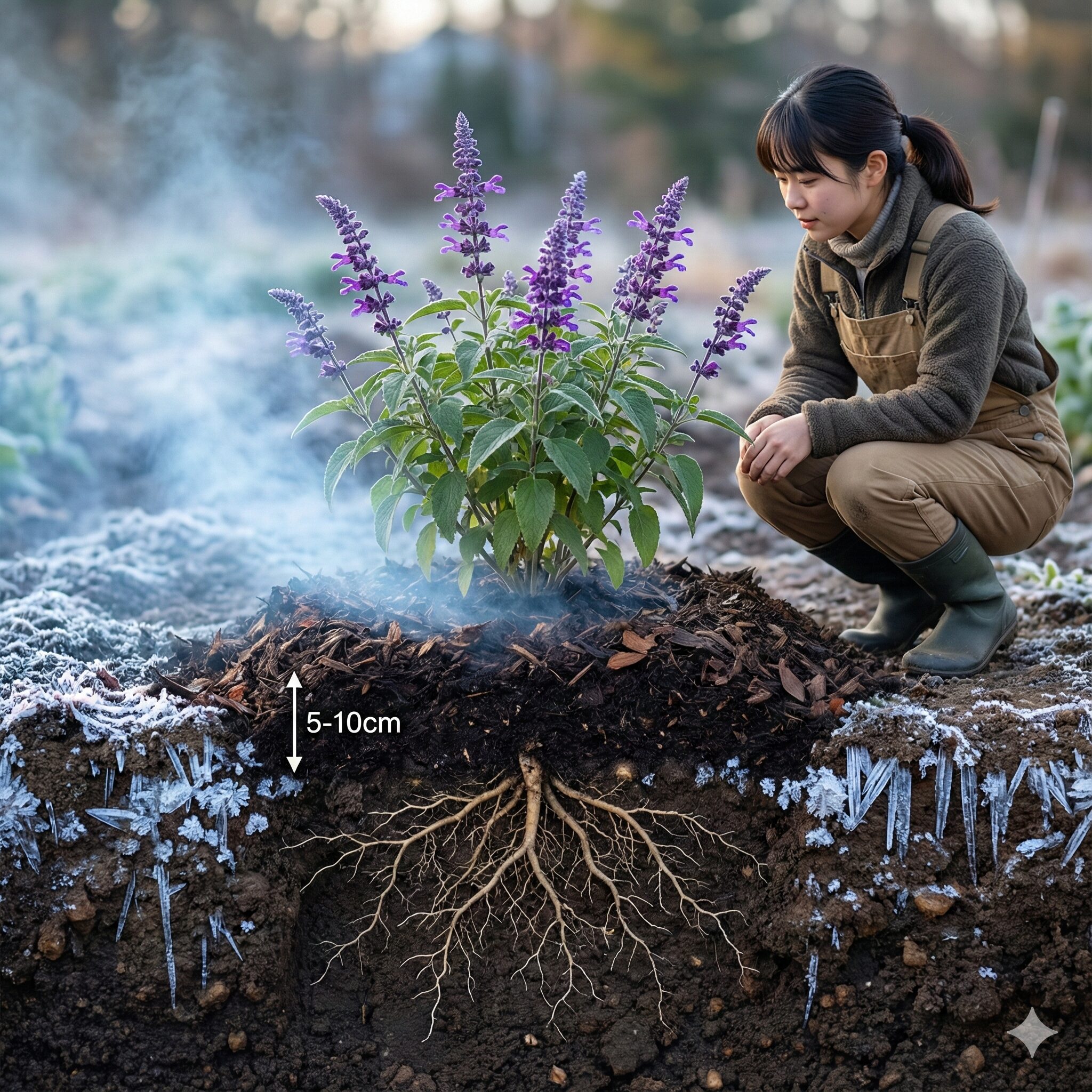 サルビア サリーファン 冬越し　地植えのサルビア・サリーファンの株元に腐葉土を厚く敷き詰めて根を凍結から守るマルチングの断面図