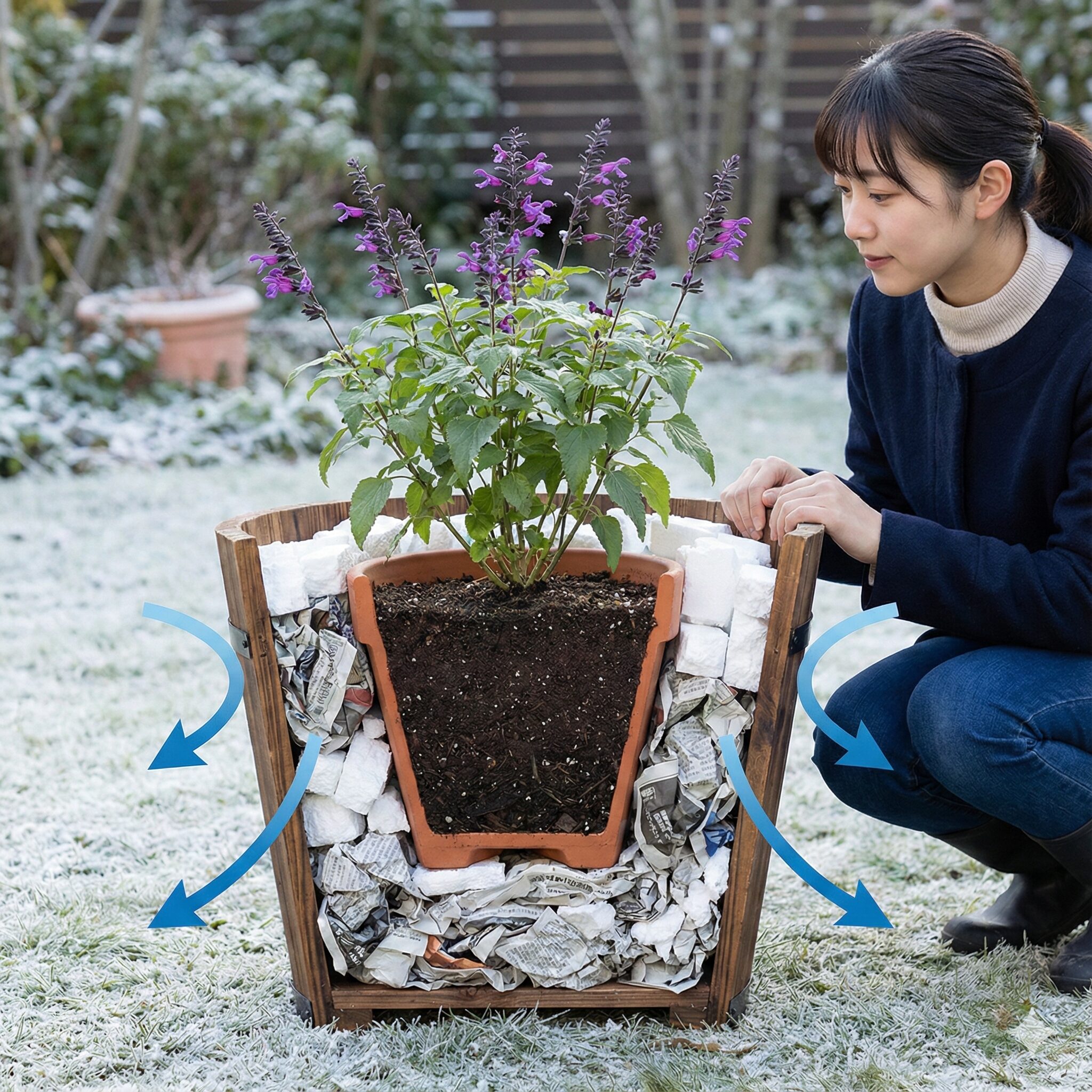 サルビア サリーファン 冬越し　鉢植えの根を寒さから守るために二重にした鉢の隙間に断熱材を詰めるダブルポット法の構造図