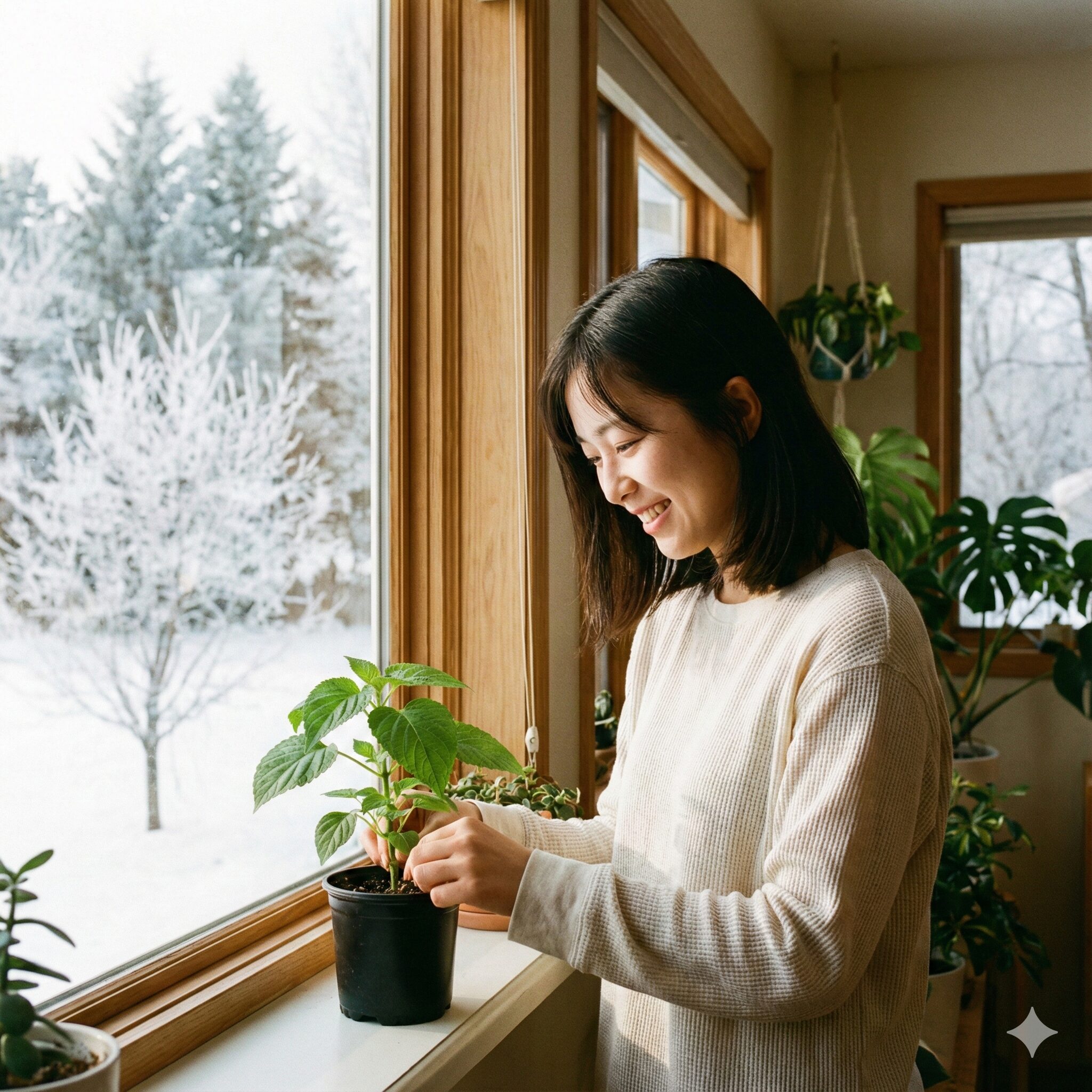 サルビア サリーファン 冬越し　秋に挿し芽をして発根させ冬の間室内の窓辺で管理しているサルビア・サリーファンの保険用ポット苗