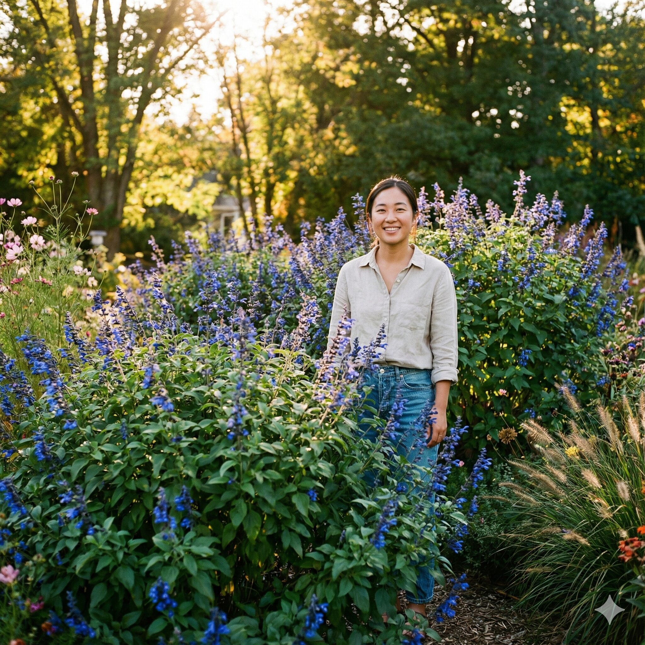 サルビア サリーファン 育て方　夏の切り戻しを経て秋に満開を迎えたサルビア・サリーファンの美しい花壇