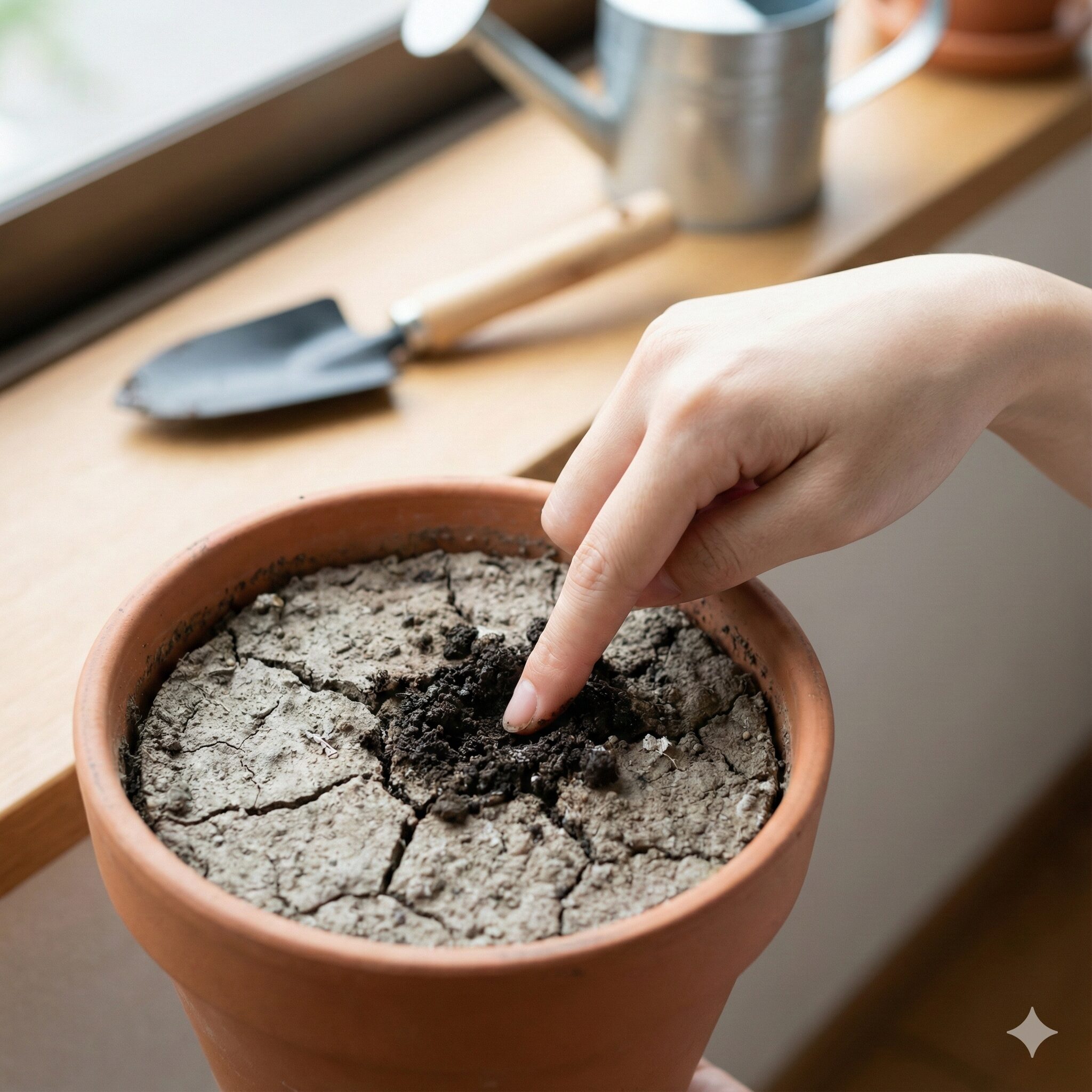 サルビア サリーファン 育て方　サルビア・サリーファンの水やりタイミング 土の表面が白く乾いた状態を確認する様子