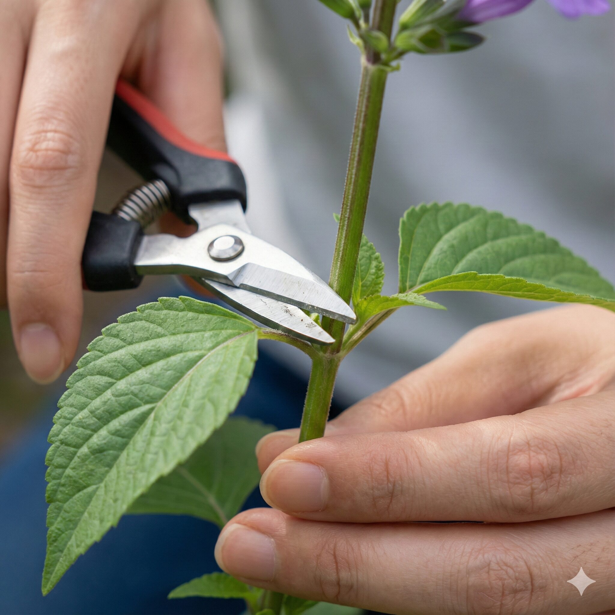 サルビア サリーファン 育て方　サルビア・サリーファンの夏の切り戻し 節の上で茎を剪定する正しい位置と方法