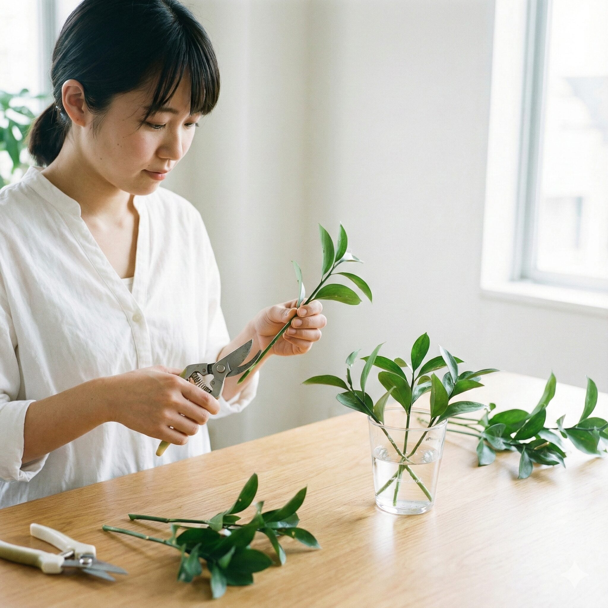 サルビア サリーファン 育て方　サルビア・サリーファンの挿し木手順 下葉を処理して水揚げ中の挿し穂