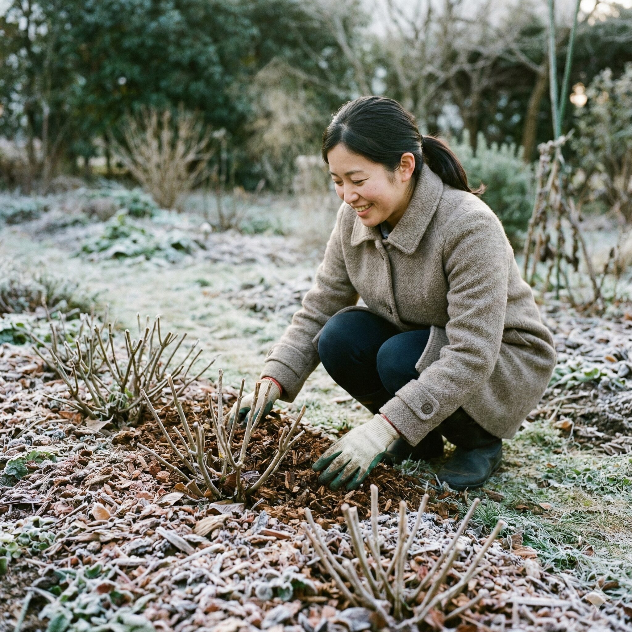 サルビア サリーファン 育て方　サルビア・サリーファンの冬越し対策 株元に腐葉土でマルチングを施した様子