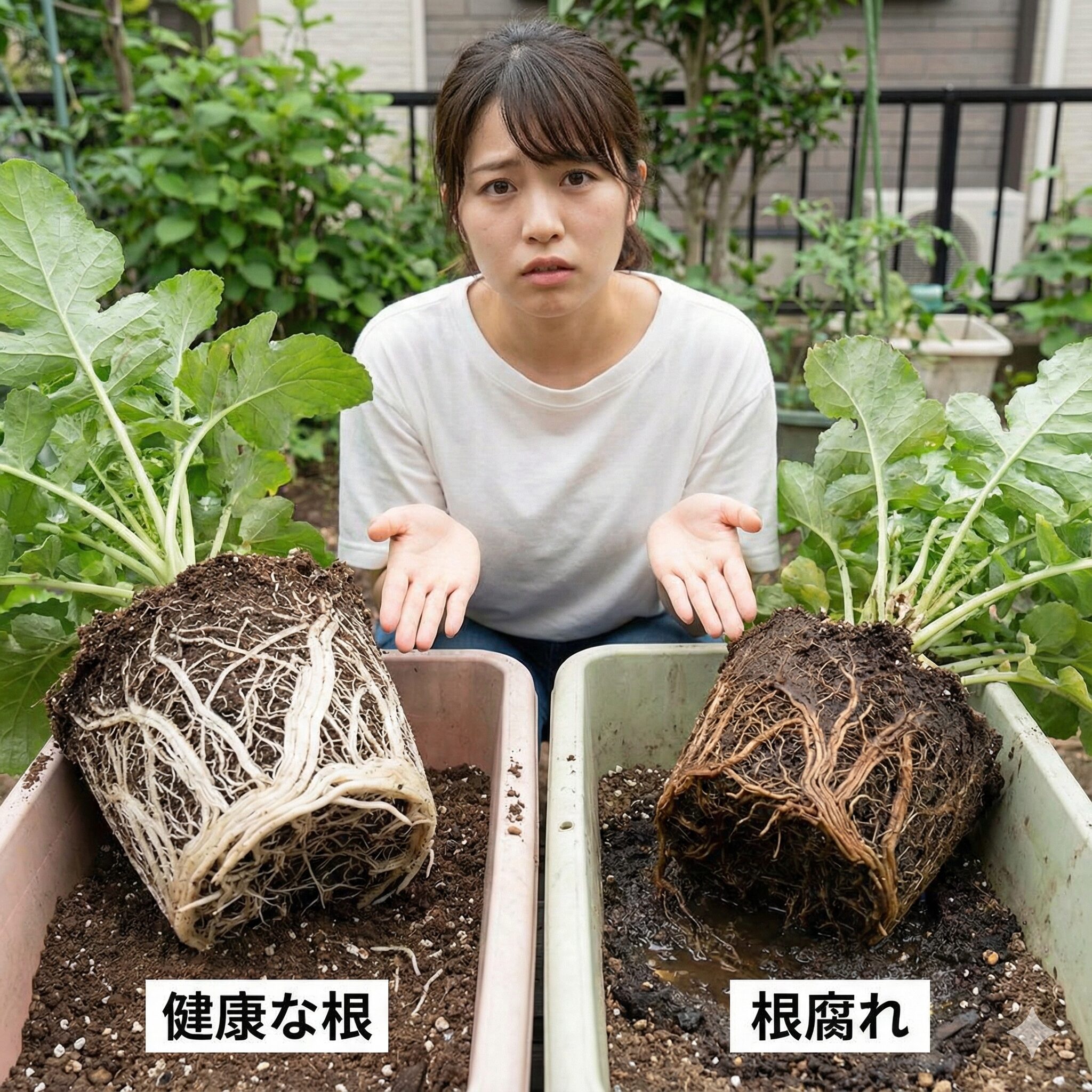 サルビア ネモ ローサ 育て方　過湿によるサルビアネモローサの根腐れの状態と健康な根の比較