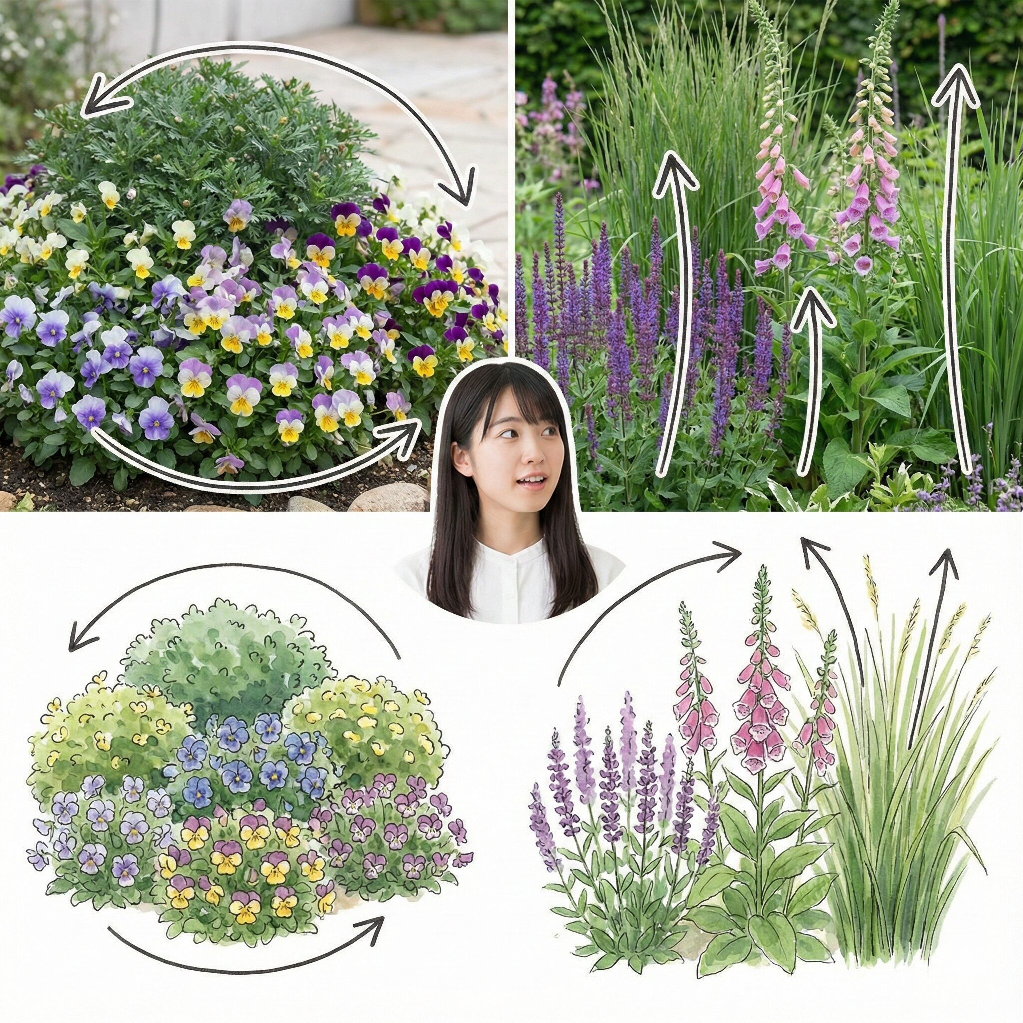 サルビア ネモ ローサ 育て方　ガーデニングにおけるサルビアネモローサの垂直ラインと一般的な草花のラウンドフォームの比較図