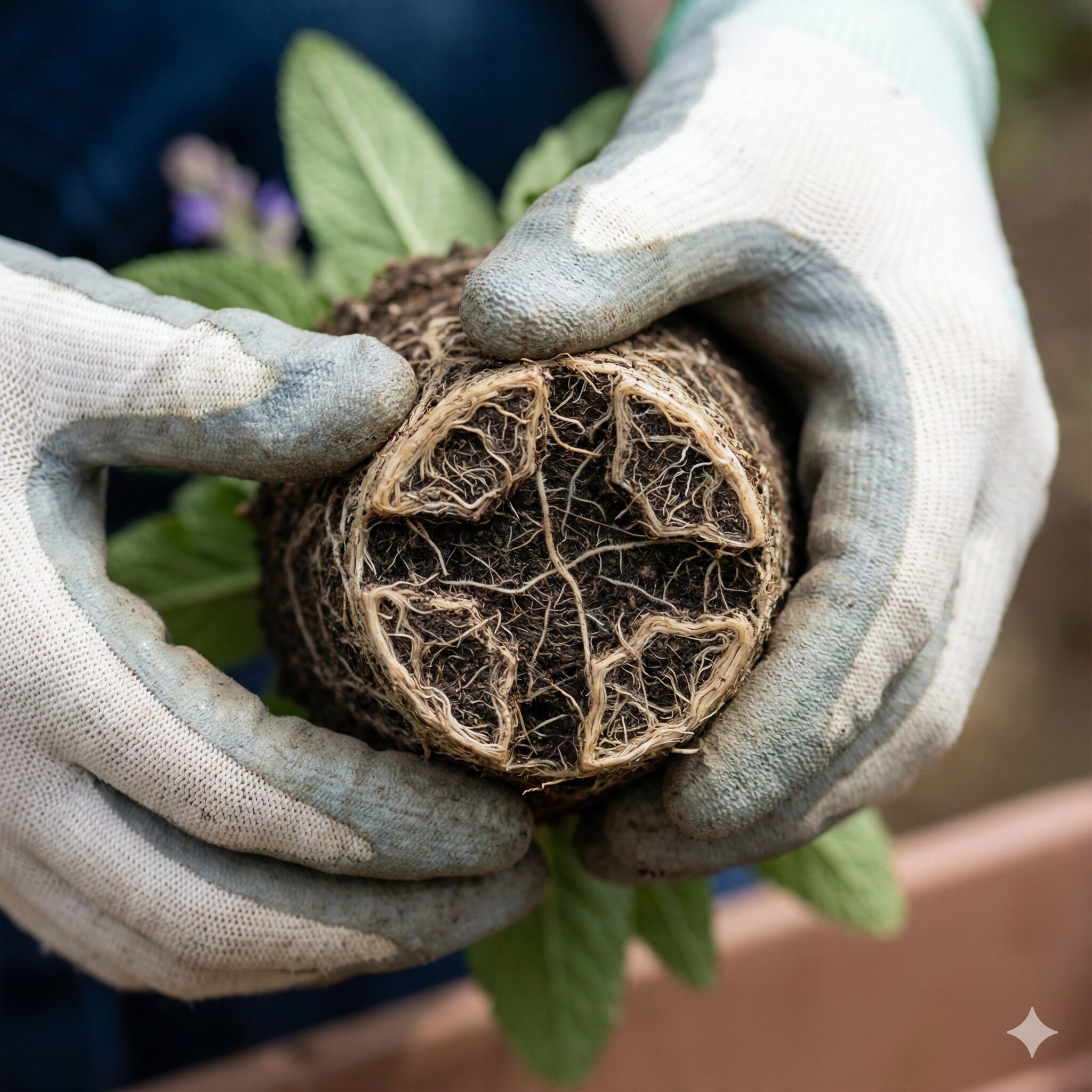 サルビア ネモ ローサ 育て方　サルビアネモローサの植え付け時に根鉢の底を指でほぐしている様子
